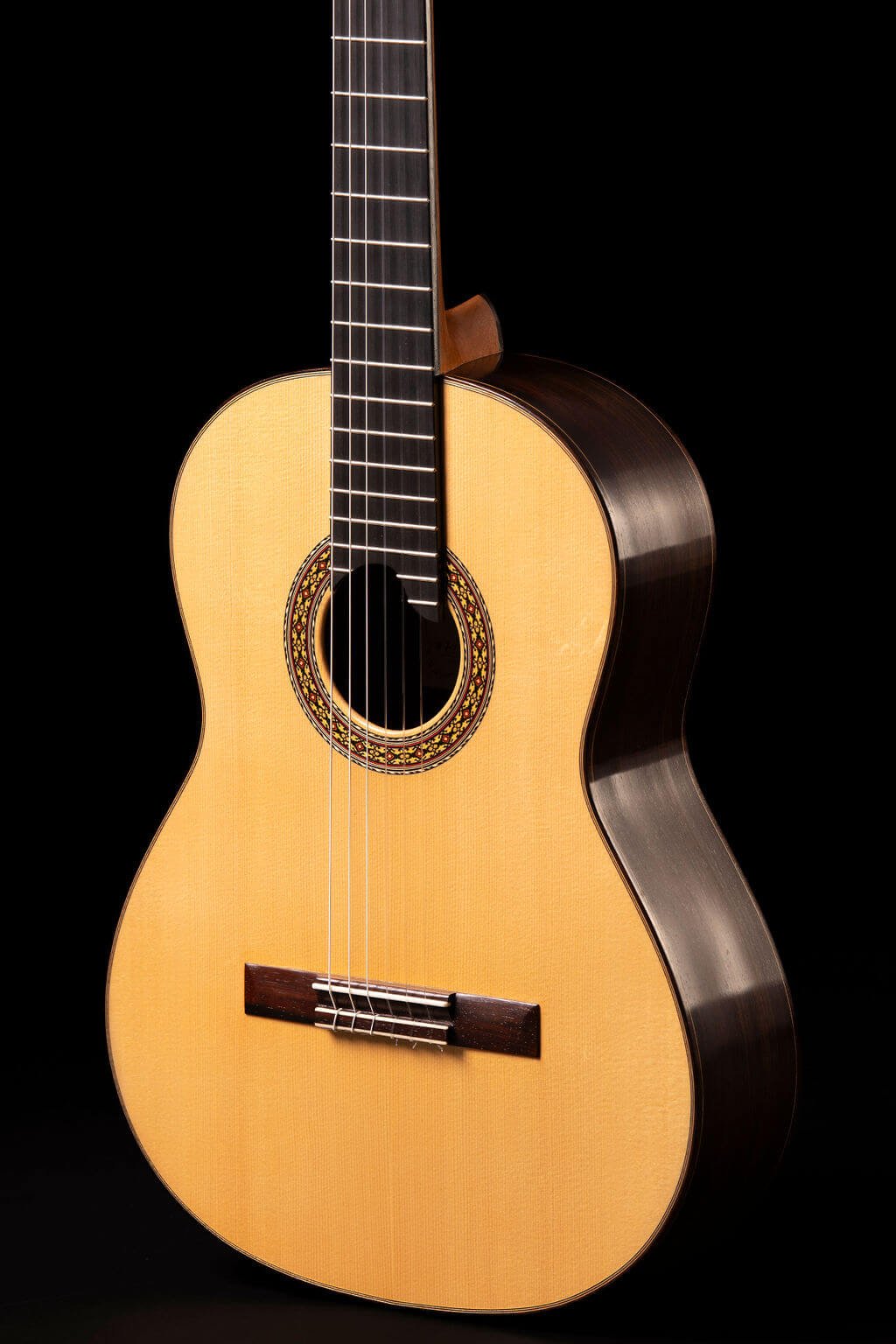 Closeup view of a guitar with East Indian Rosewood sides and an ebony fretboard