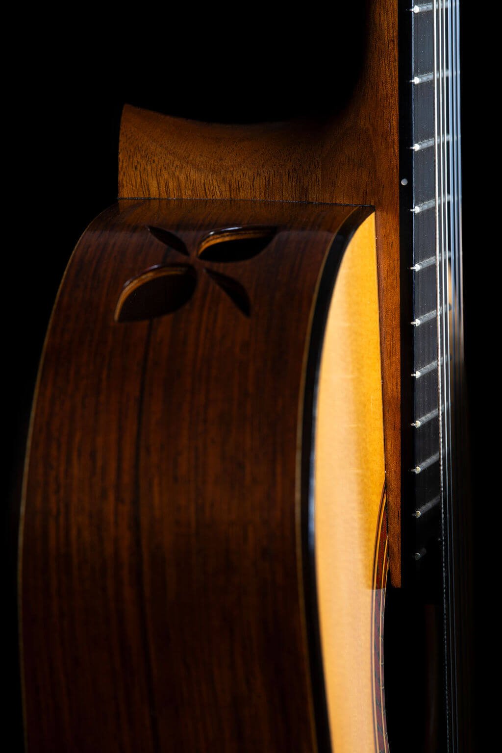 Closeup view of cocobolo side with hand-carved soundport