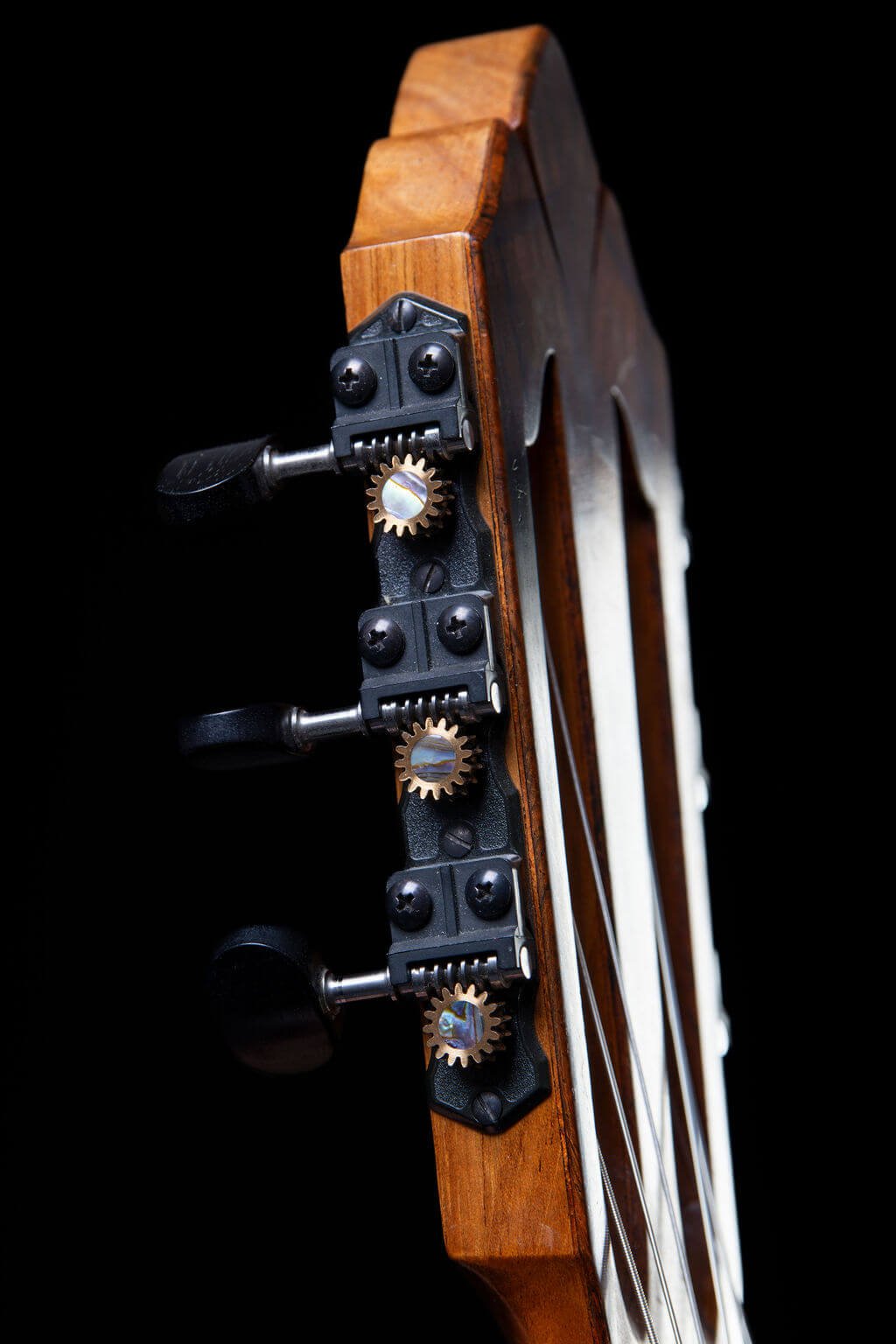 Closeup view of a guitar’s Alpine Spruce double top with nomex center and John Gilbert tuners