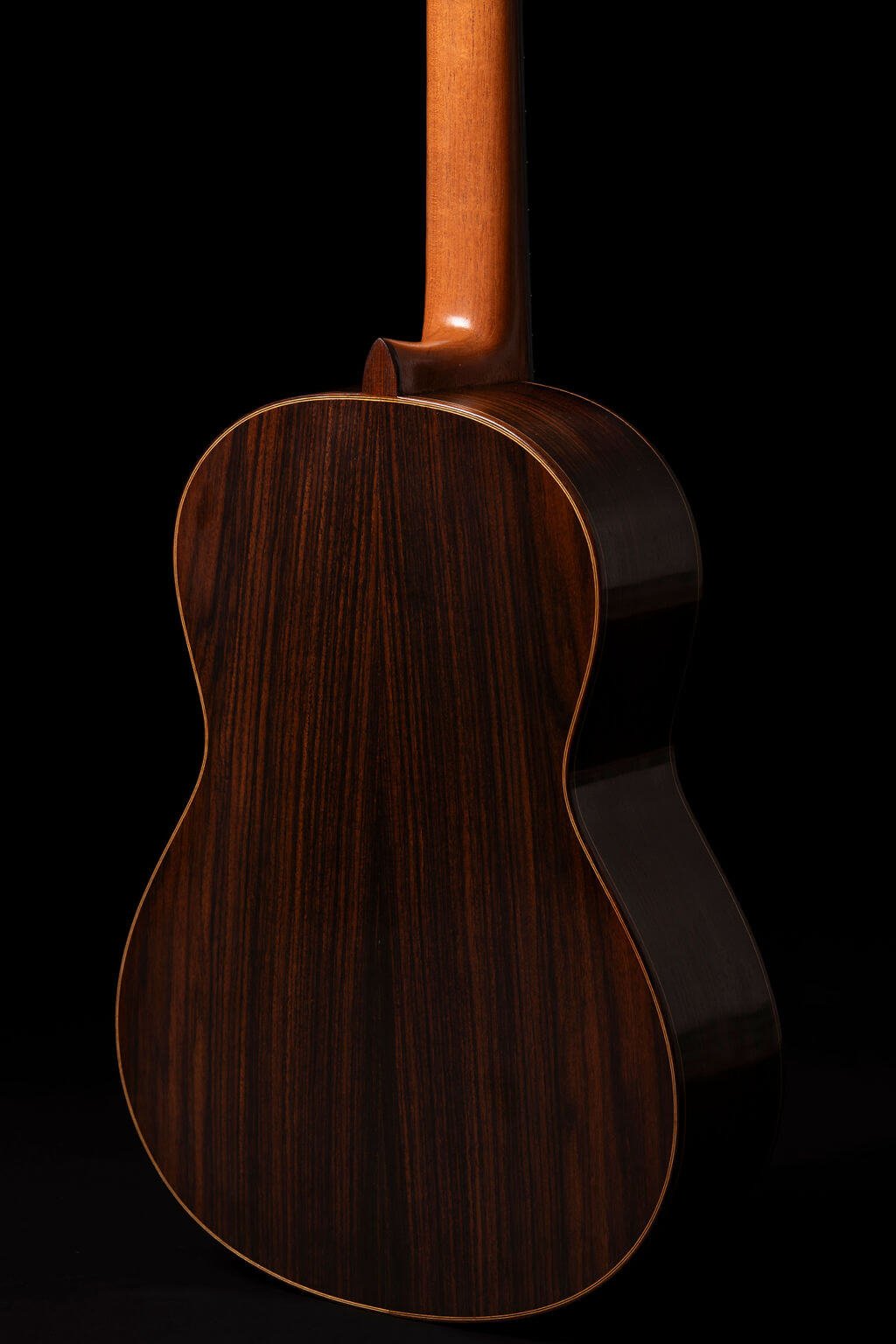 Closeup view of the back of a guitar in East Indian Rosewood