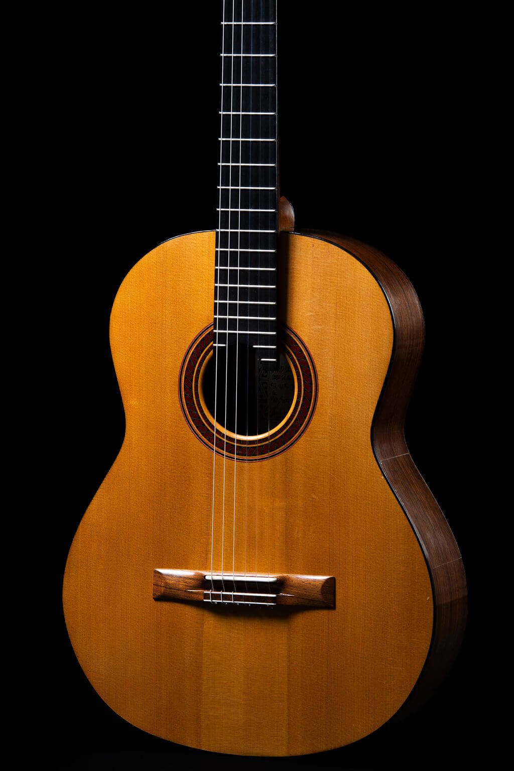 Closeup view of a guitar with a hand-carved soundport, 12-hole bridge, and cocobolo sides