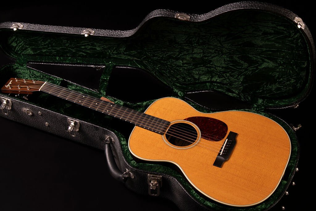A guitar with a tortoise pickguard in a hard case with green velvet lining