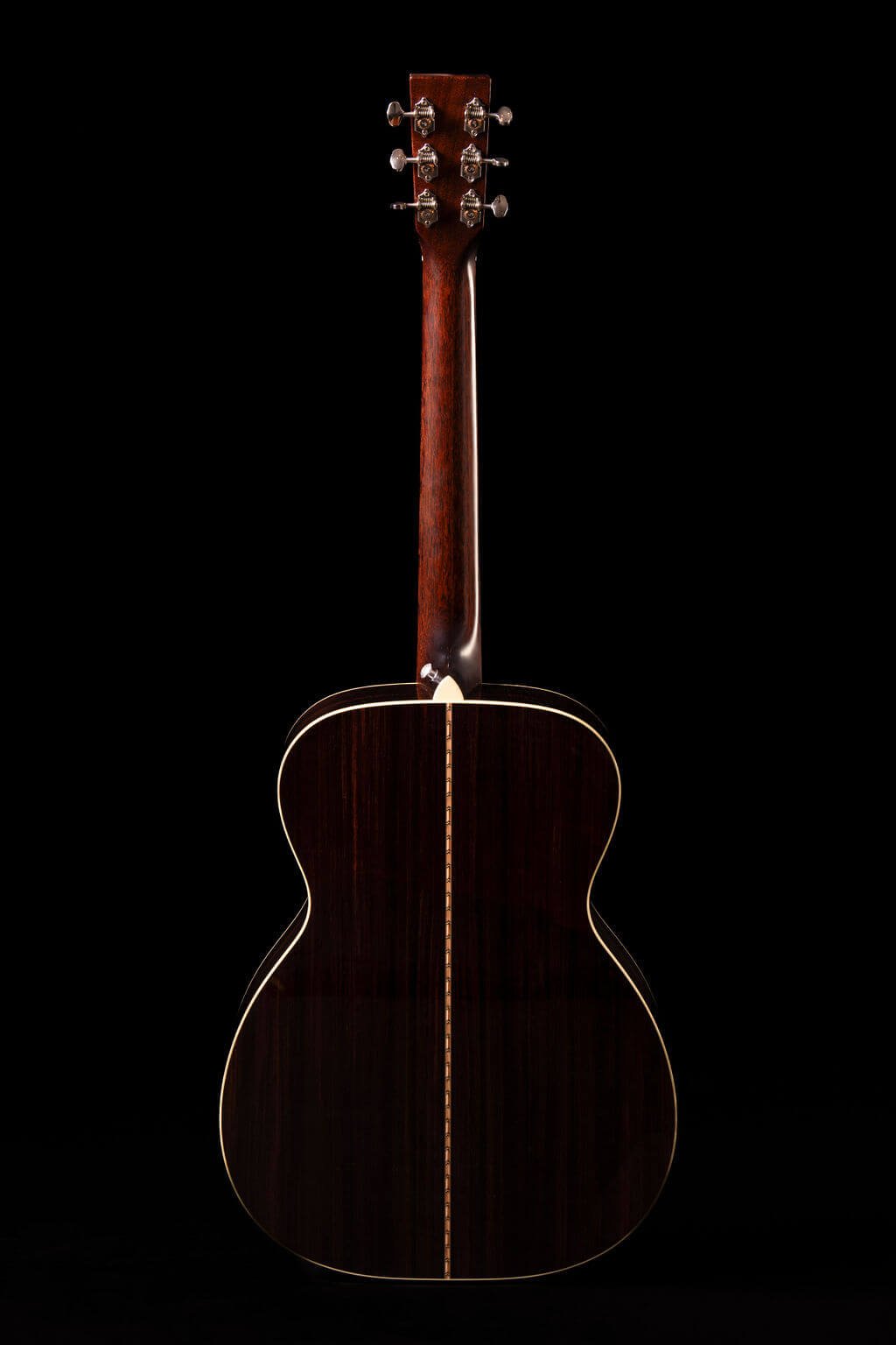 Back view of a guitar with Indian Rosewood and a decorative inlay
