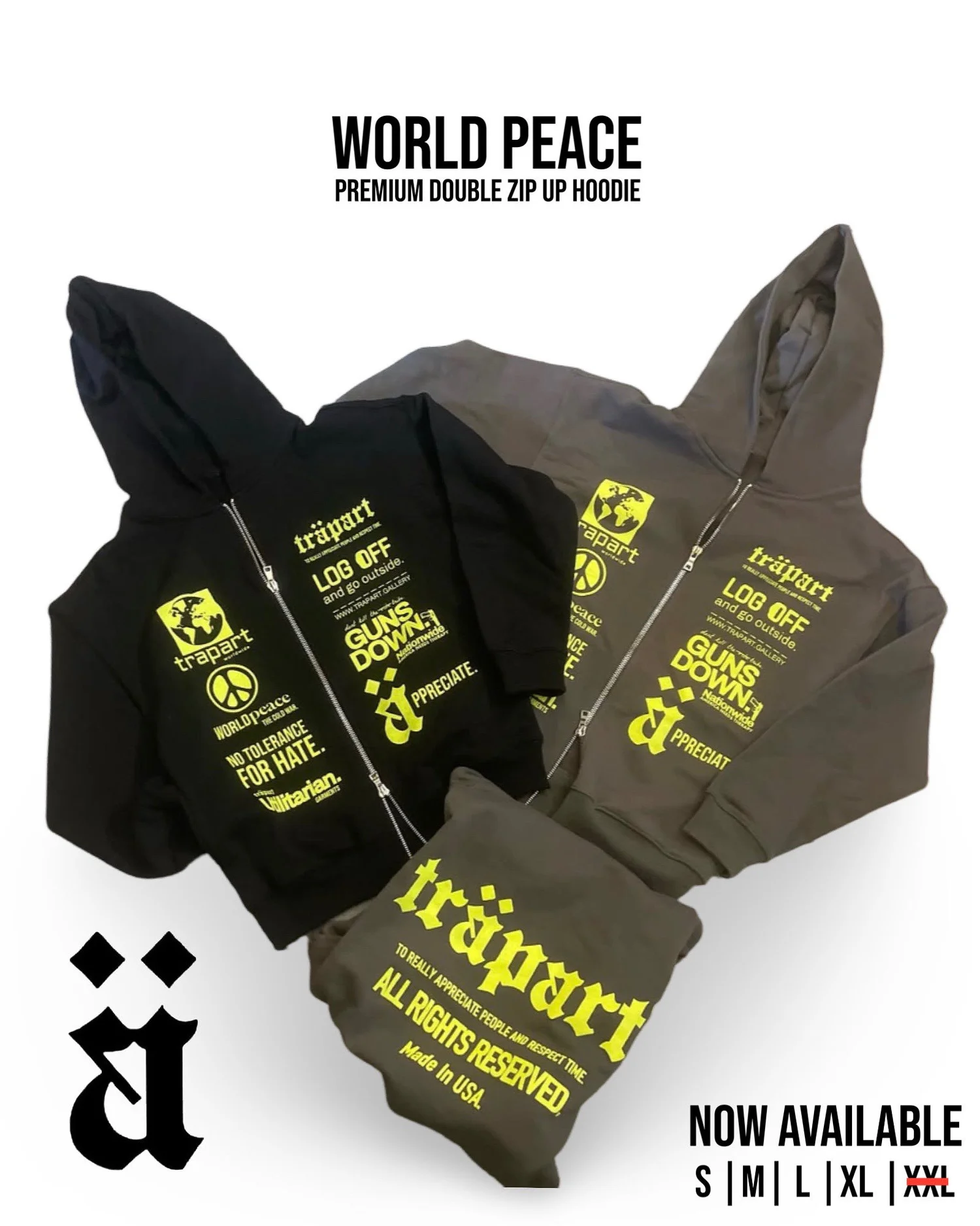 TRAPART Premium world peace double zip hoodie — TRAPART
