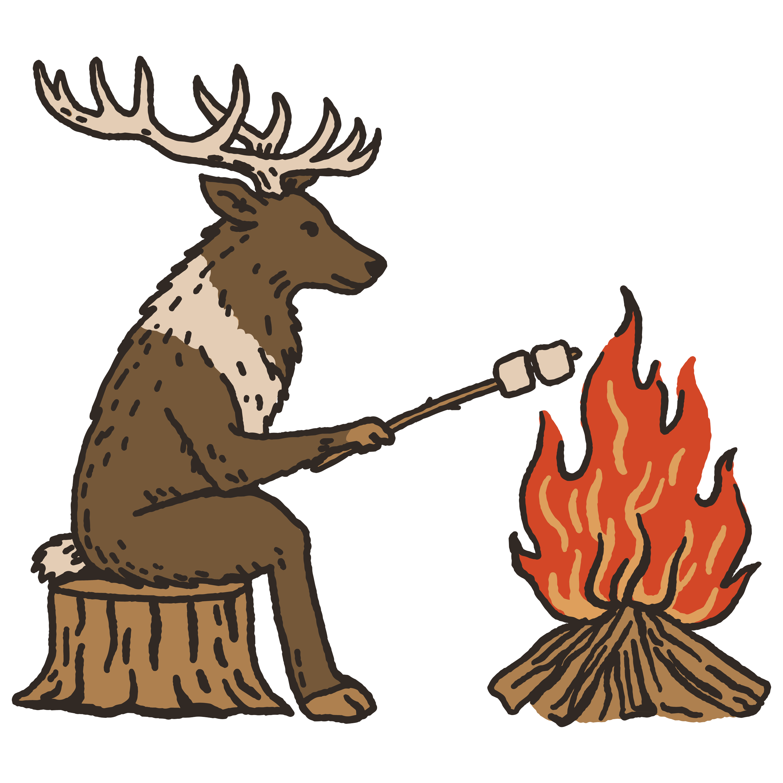 Illustration of the TimberTrout mascot—a moose roasting marshmallows over a campfire on a tree stump.