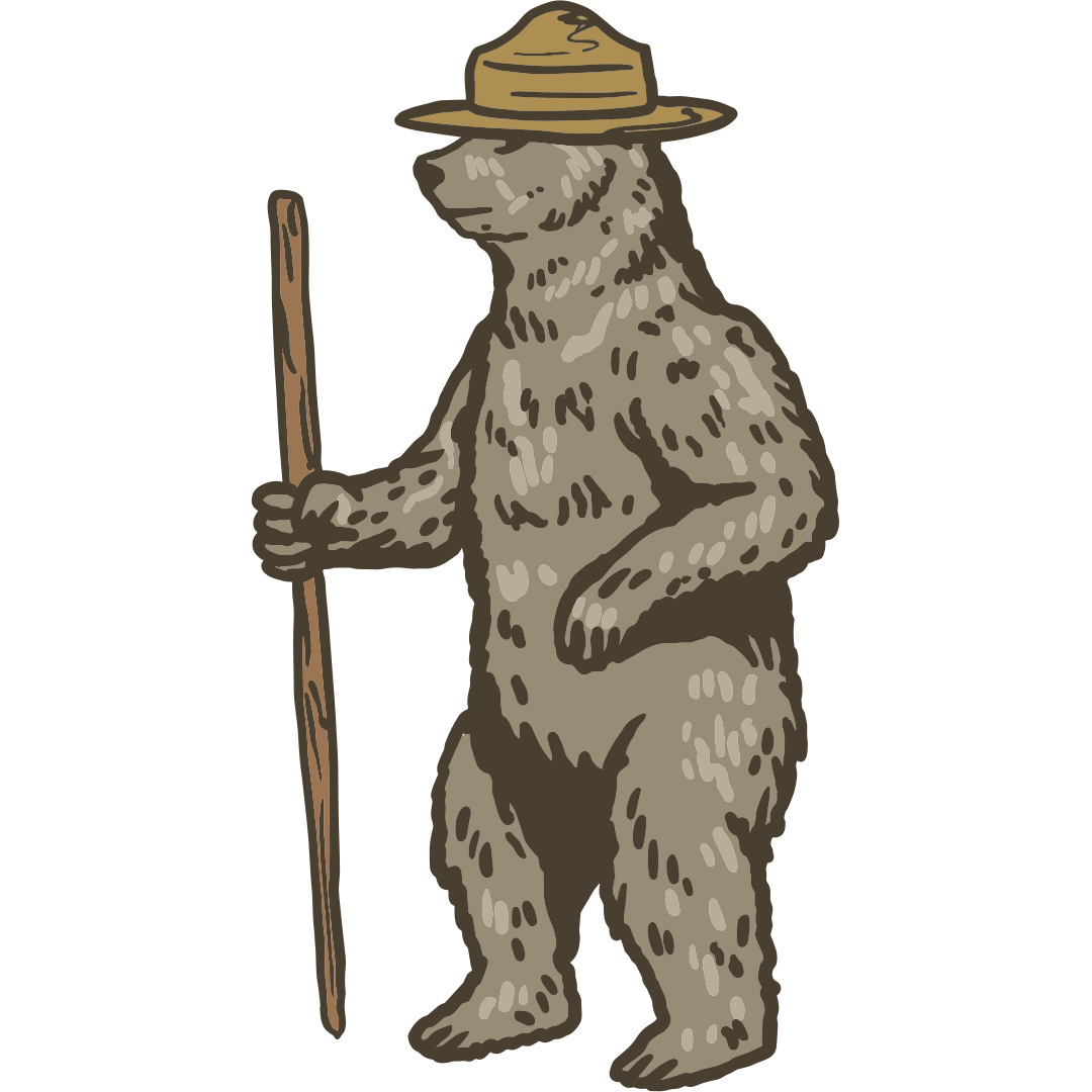An illustration of a standing bear wearing a straw hat, holding a walking stick.