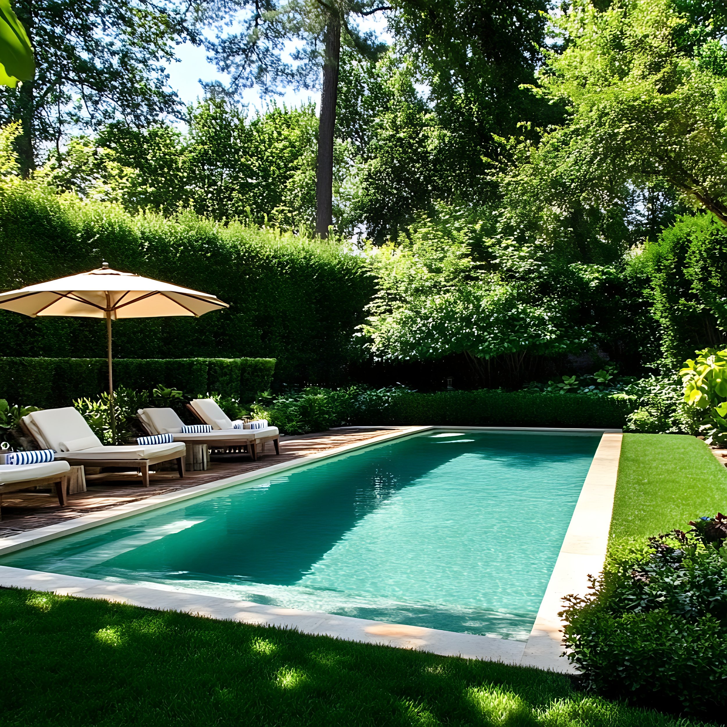 A backyard swimming pool surrounded by green grass, with lounge chairs and an umbrella, under tall leafy trees on a sunny day.
