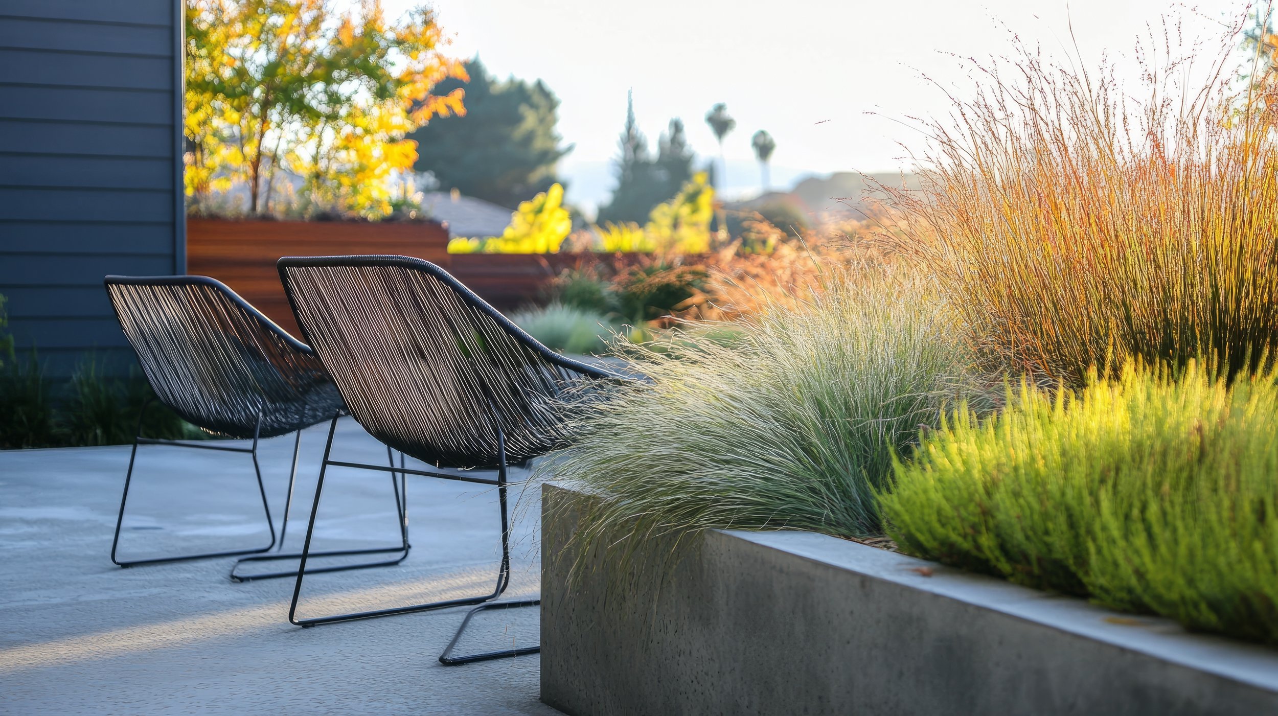 Modern outdoor patio with two black wire chairs on concrete flooring, surrounded by lush green plants and grasses, with trees and lampposts in the background under warm sunlight.
