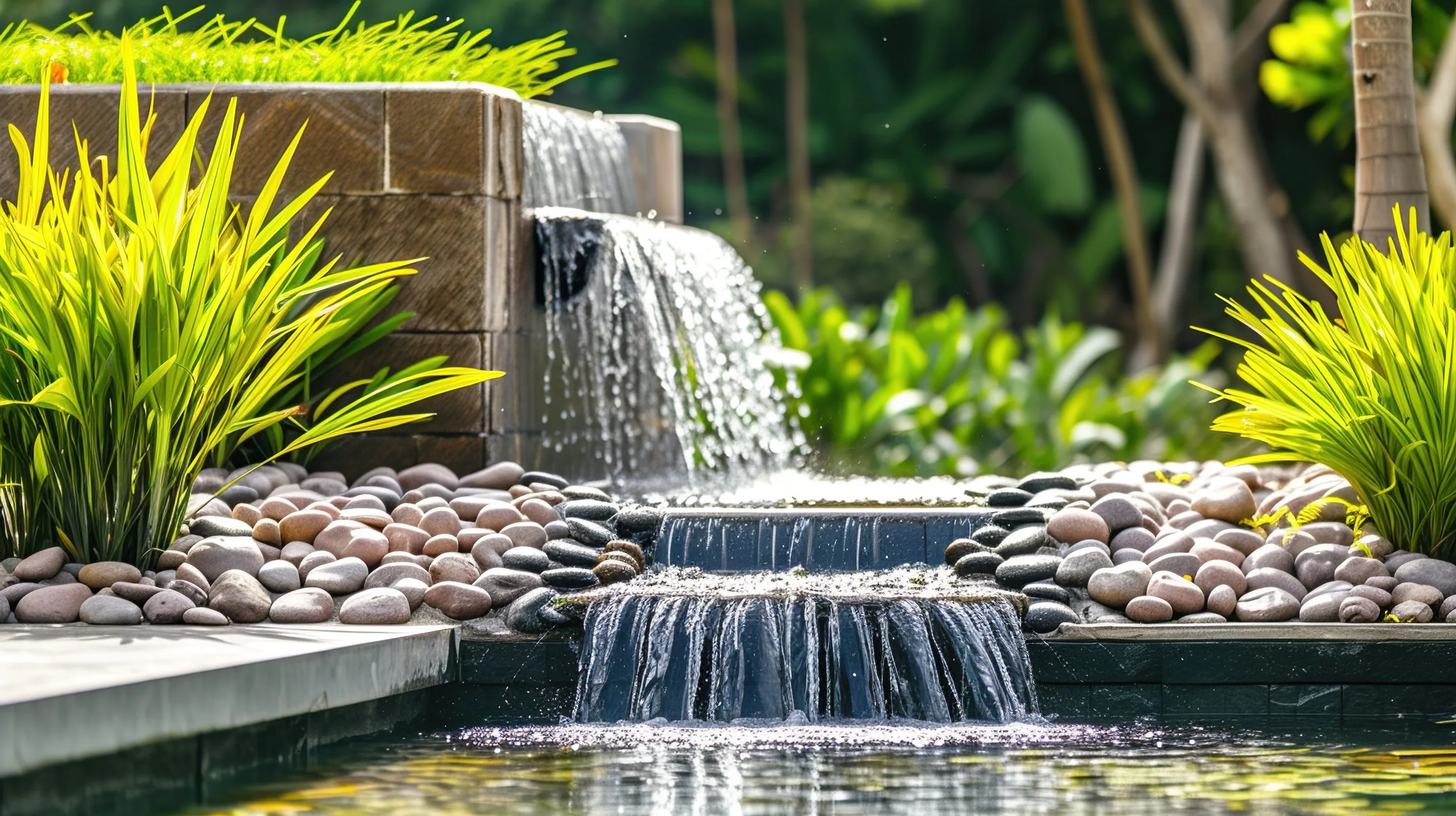 A landscaped garden scene featuring a tiered water feature with water cascading over brown brick edges into a pond with smooth pebbles. Surrounding greenery includes vibrant yellow-green plants and background trees.