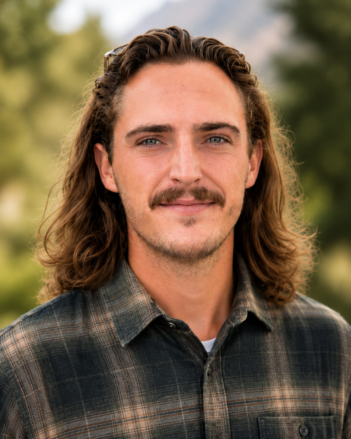 Close-up of a young man with long wavy hair, light blue eyes, and a light mustache, wearing a light-colored collared shirt, outdoors with blurred green foliage in the background.