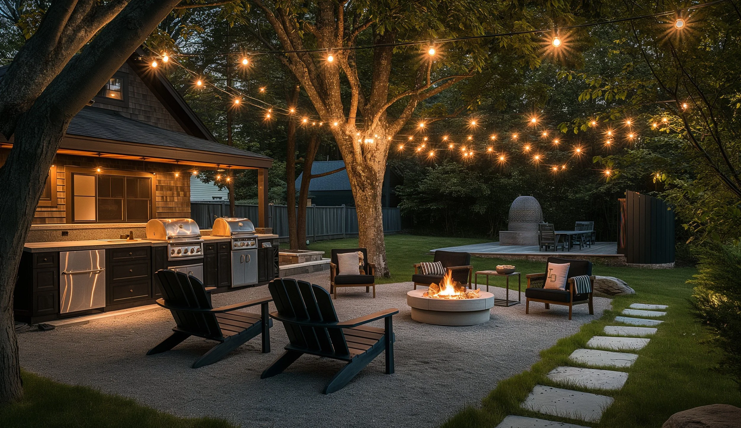 A backyard at dusk with string lights hanging from trees, an outdoor kitchen with grills, a fire pit with chairs around it, a wooden deck, and a grassy area with stepping stones.