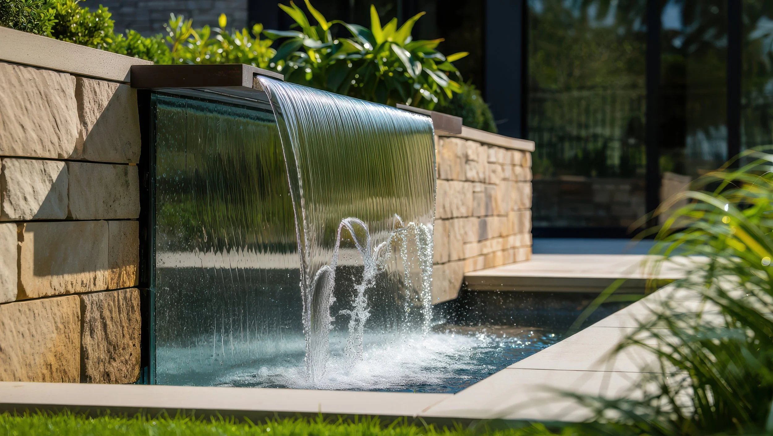 A modern water feature with water cascading down a reflective metallic surface, embedded in a stone wall, surrounded by greenery and plants.