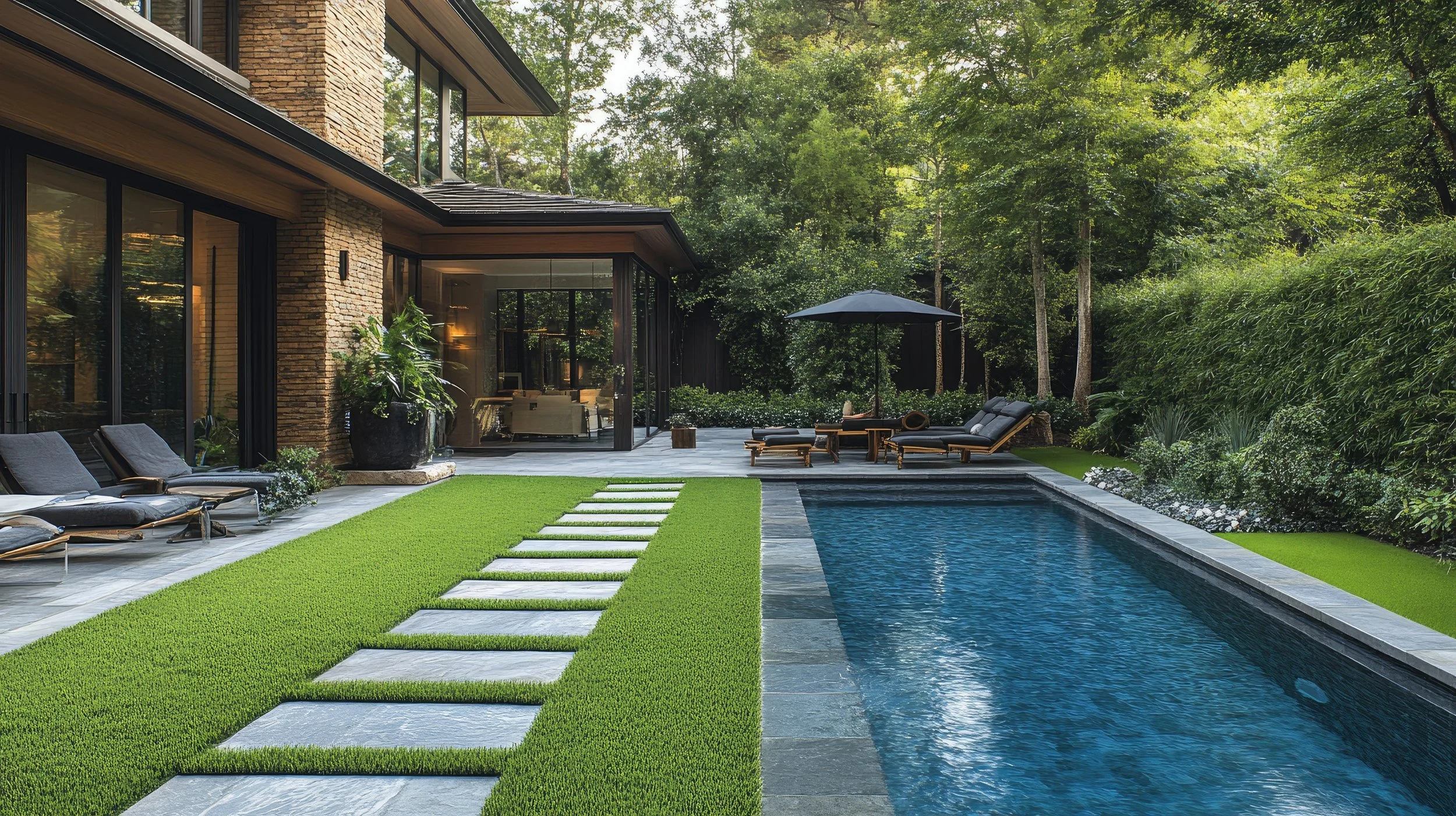 Modern house with large glass windows, outdoor swimming pool, and landscaped yard with green grass and trees.