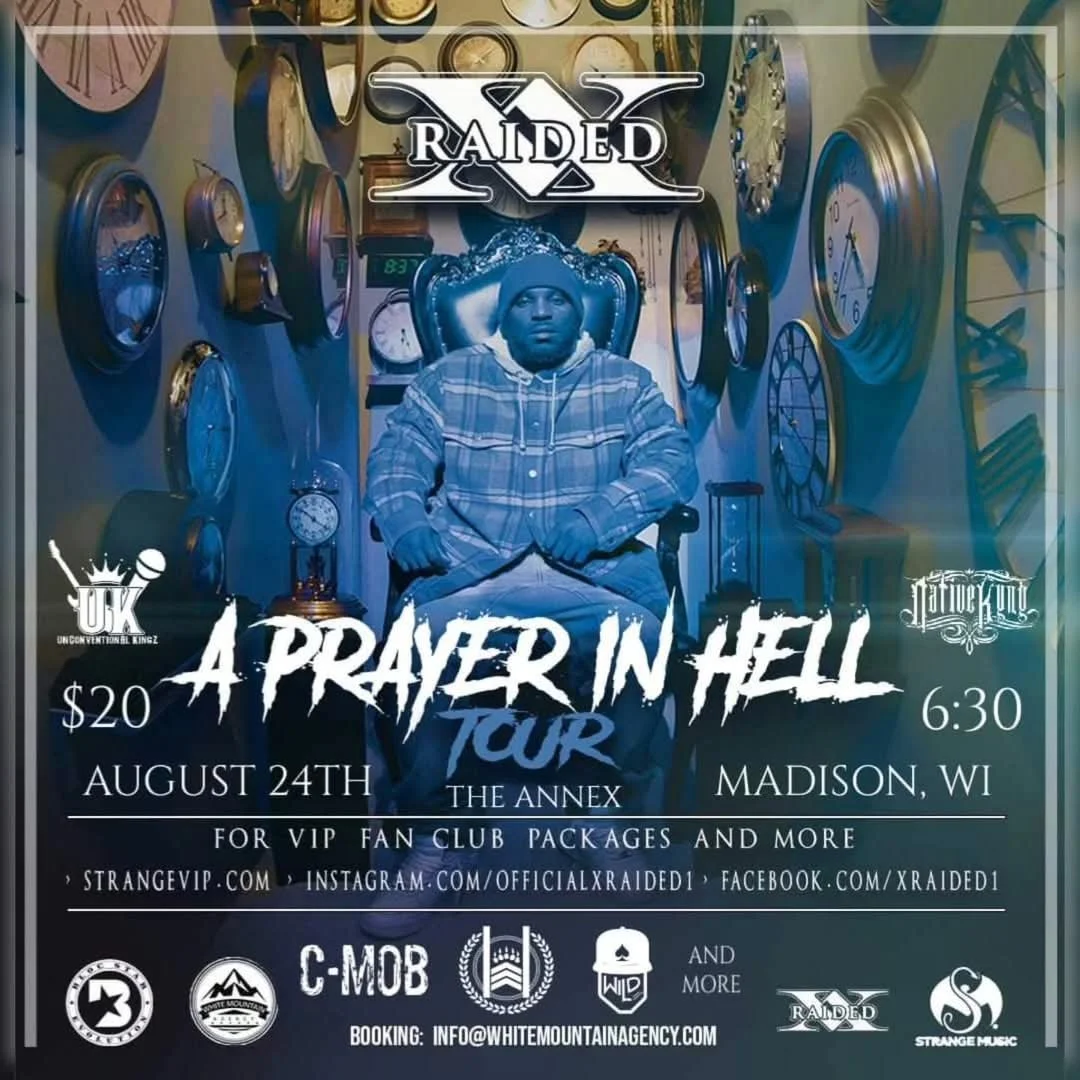 Event poster for 'A Prayer in Hell Tour' featuring a man sitting on a throne surrounded by clocks, scheduled for August 24th at 6:30 in Madison, WI. Ticket price is $20, for VIP fan club packages and more. Contains logos, contact info, and social media handles.