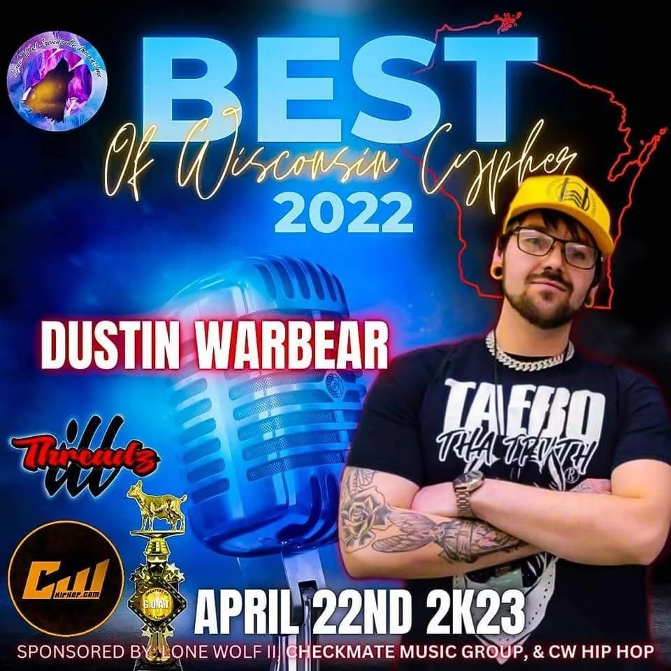 A promotional poster for the 'Best of Wisconsin' 2022 event featuring Dustin Warbear, scheduled for April 22nd, 2023. The poster includes a background with a microphone, lightning effects, and logos of sponsors, with a man wearing glasses, a yellow cap, a black T-shirt, and tattoos crossing his arms.