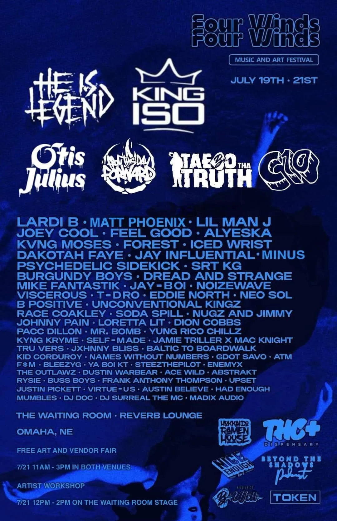 Festival poster titled 'Four Winds' music and art event from July 19th to 21st featuring multiple artists and performers, with list of participants and venue details, including Omaha, Nebraska, along with logos of sponsors and partners.