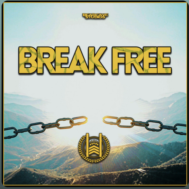 "Break Free" text over mountain landscape with broken chain graphic.