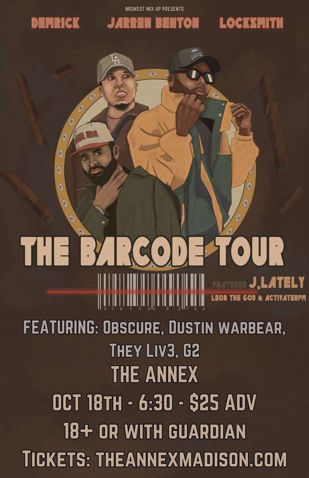 Event poster for 'The Barcode Tour' featuring illustrations of three men, with names Demrick, Jarren Benton, and Locksmith, at the top. The poster includes event details such as date, time, location, featured artists, and ticket information.