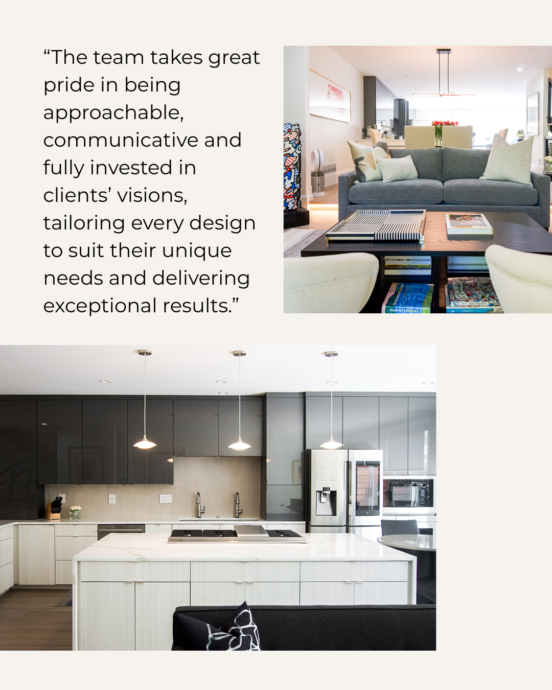 Living room and kitchen of a modern home, with a quote about team approach, design, and results.