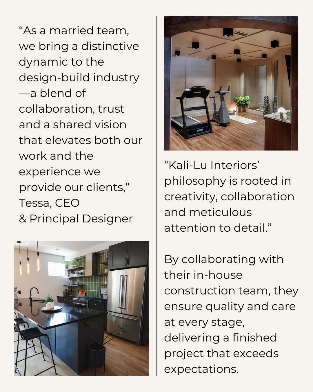 Interior design portfolio layout with quotes about collaboration and attention to detail, accompanied by images of a home gym and a modern kitchen.