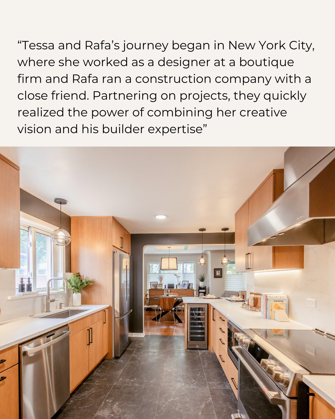 Modern kitchen with wood cabinets, stainless steel appliances, black tiled flooring, and a view into the dining area with a table and chairs.