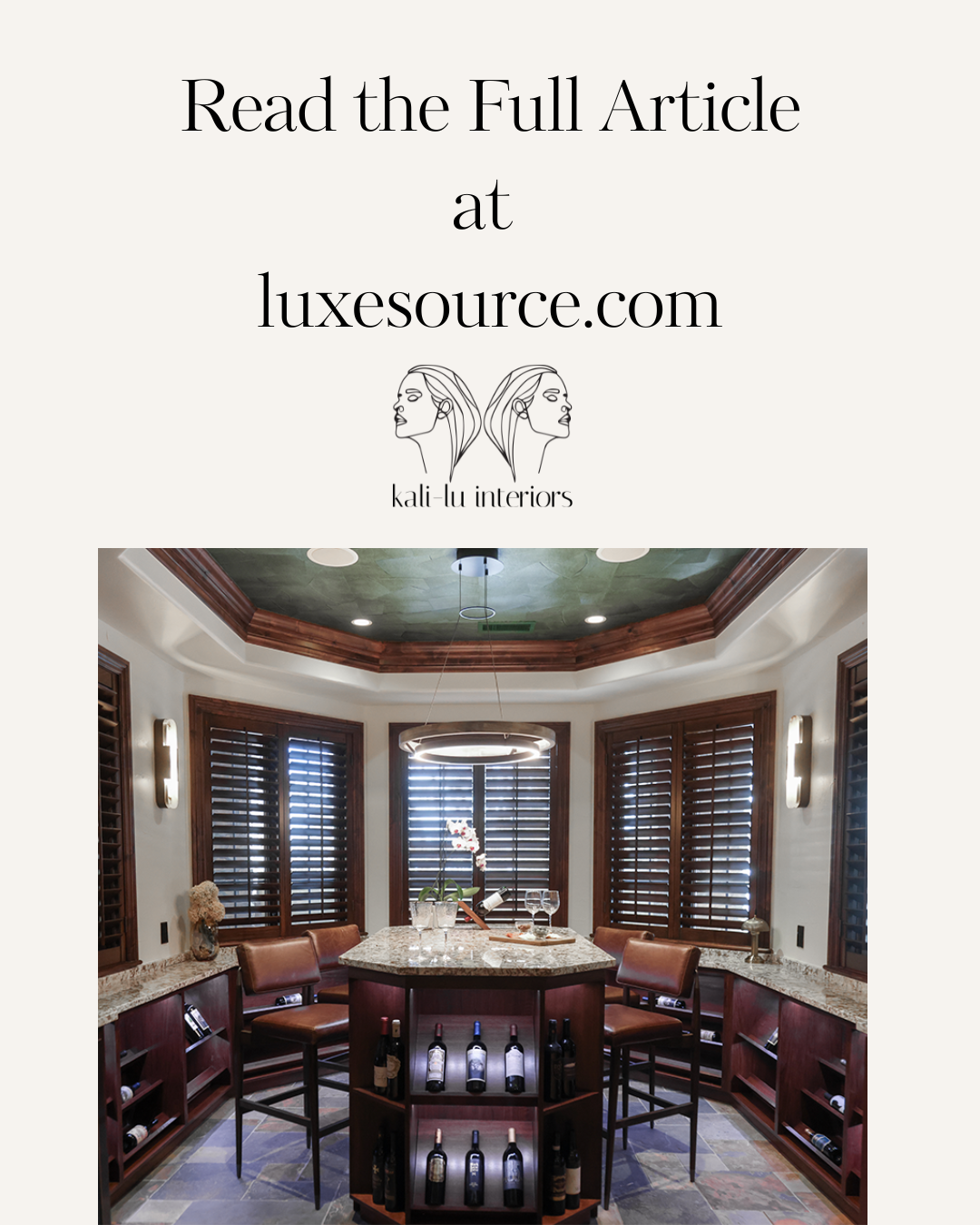 Advertisement for luxury interior design services featuring a dining room with wood accents, a marble table, wine bottles, and modern lighting.