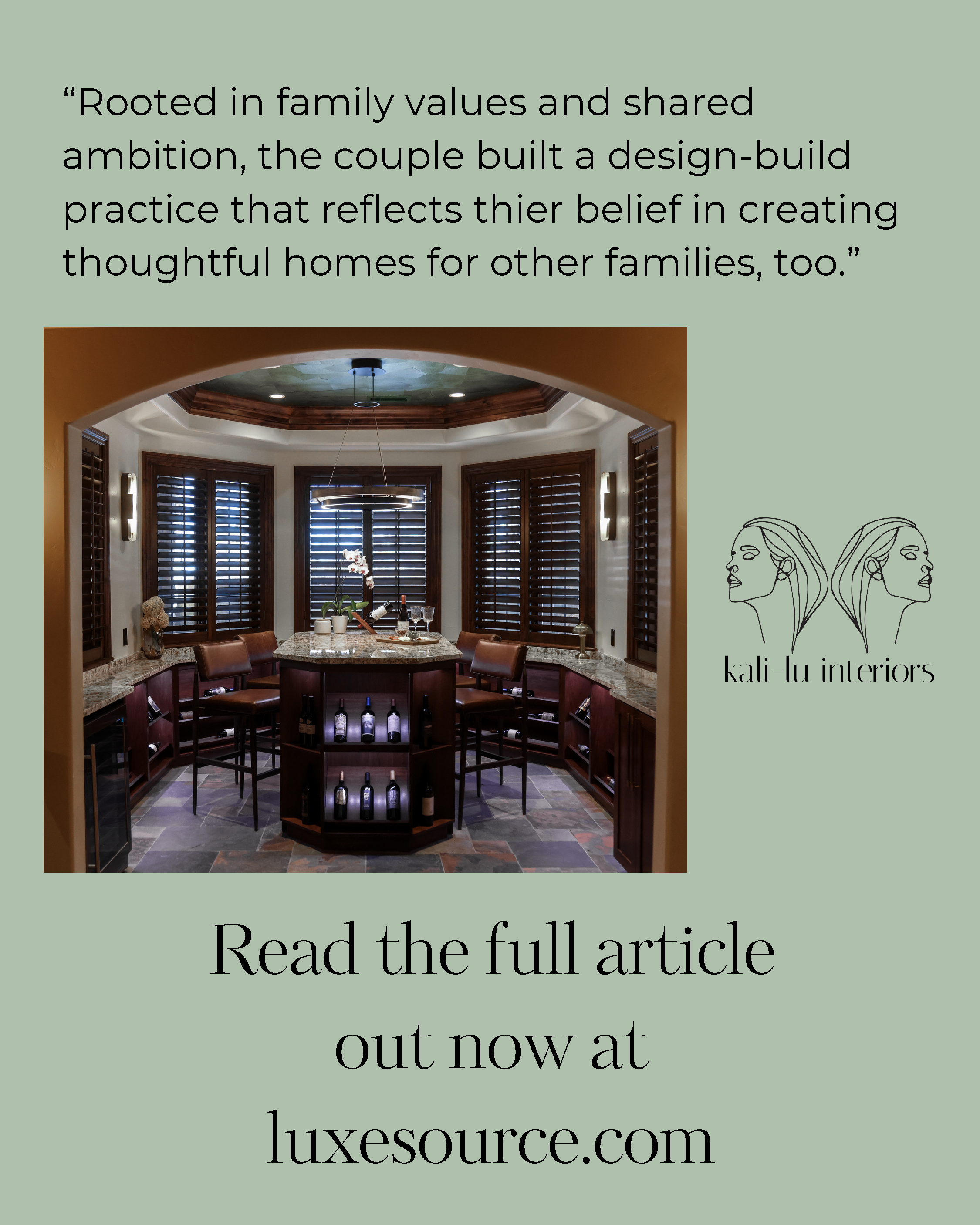 Interior of a wine bar or tasting room with a semi-circular granite bar, wine bottles display, wood-paneled shutters, and modern lighting fixtures.