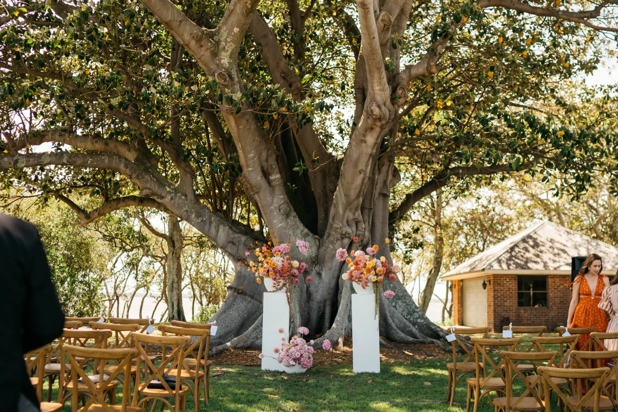 Outdoor wedding setup under a large tree with floral arrangements on white pedestals, chairs arranged for guests, and a small brick building in the background.