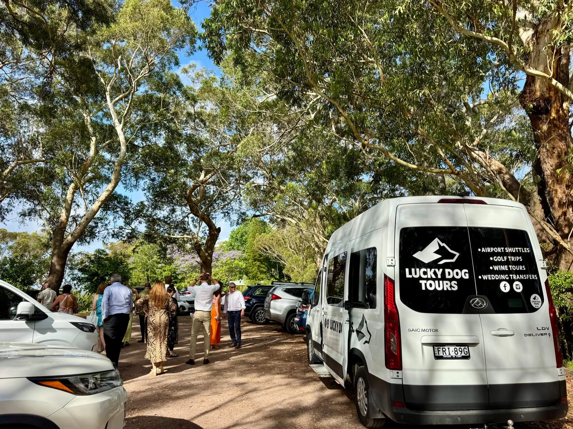 Group of people standing near parked cars in a shady outdoor area with tall trees, behind a white van labeled 'Lucky Dog Tours' advertising airport shuttles, golf trips, wine tours, and wedding transfers.