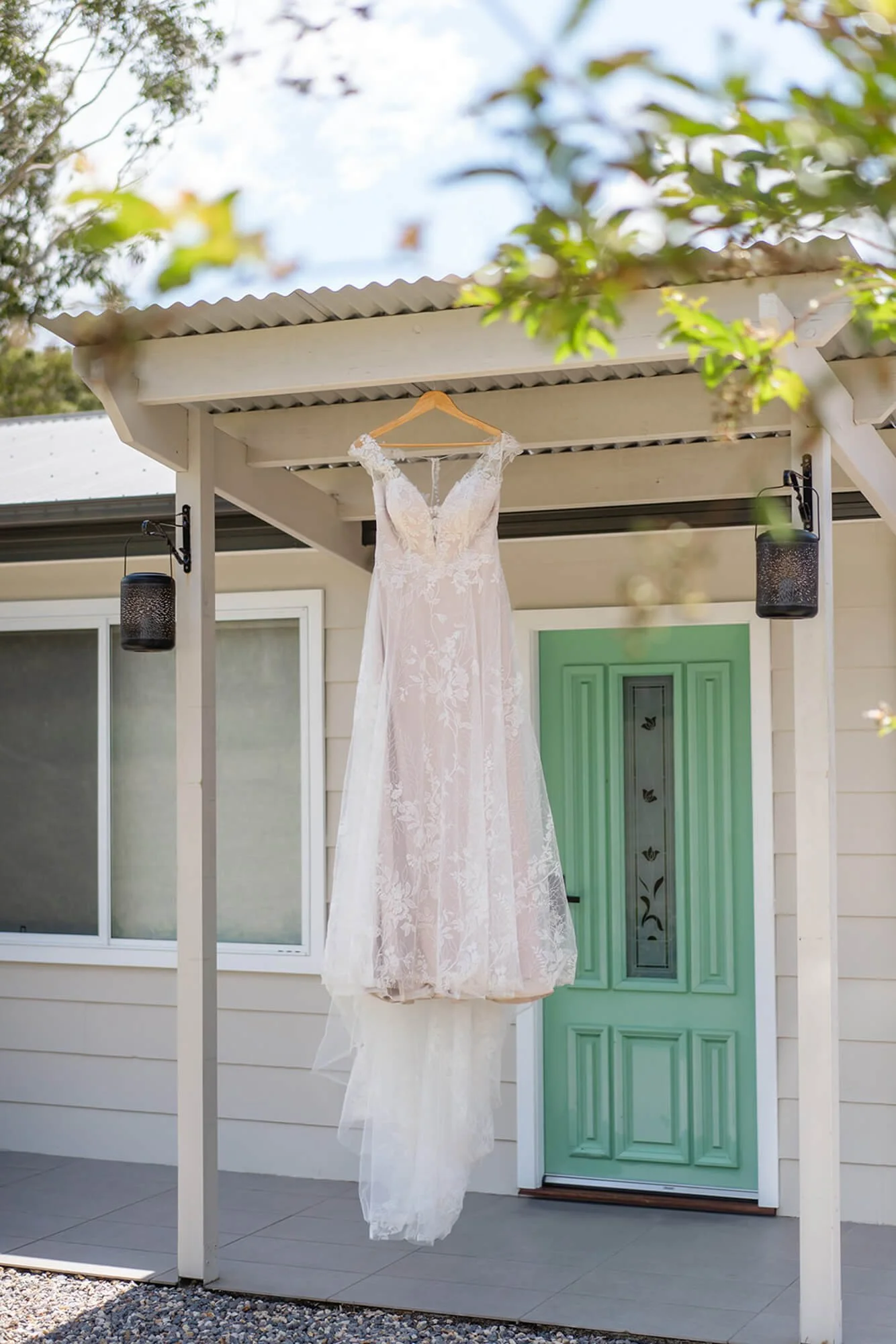 The Barn Port Stephens bride's dress hanging