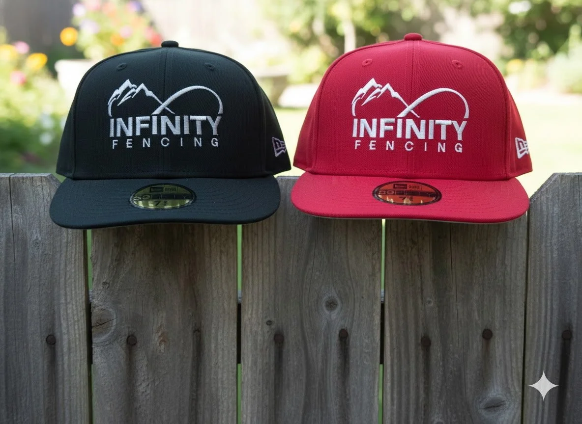 Two baseball caps, one black and one red, both with the logo and text 'INFINITY FENCING' embroidered on the front, are placed side by side on a wooden fence with a blurred green outdoor background.