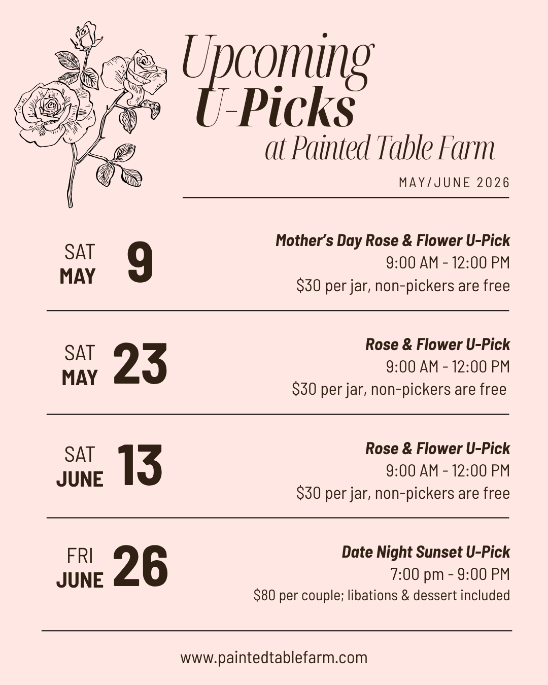 Event schedule poster for Painted Table Farm, listing upcoming U-Pick flower and rose events in May and June 2026, with dates, times, prices, and event details, featuring a line drawing of roses at the top left.