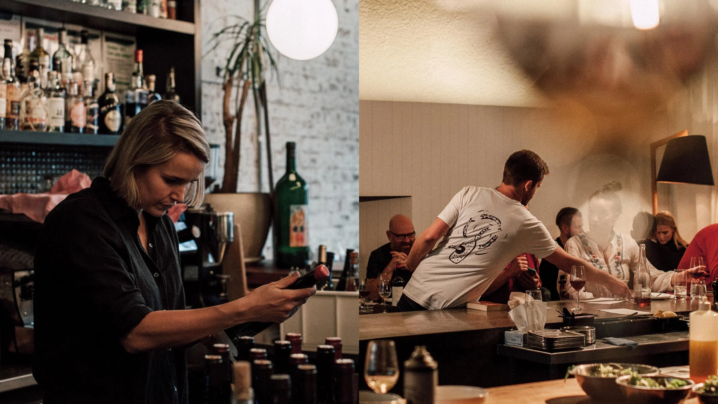 Robyn Nethercote inspecting a bottle of wine at Osteria Ilaria in Melbourne (left) and Josh Begbie clearing plates at Franklin in Hobart (right).