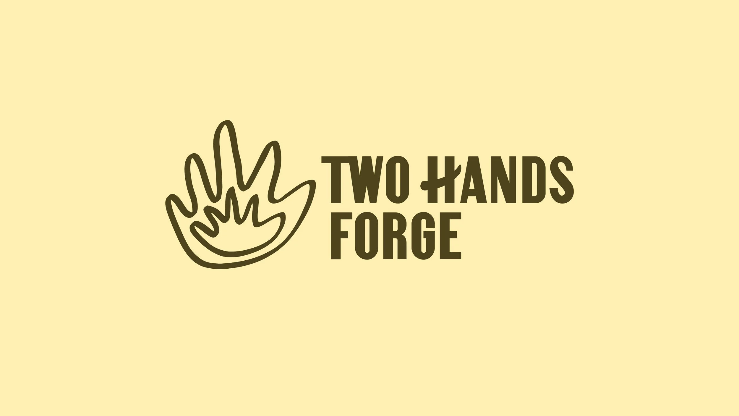 The logo for Two Hands Forge. Two hands nested to form a flame shape in a hand drawn style sit to the left of the wordmark. The logo is olive green on a pale yellow background.
