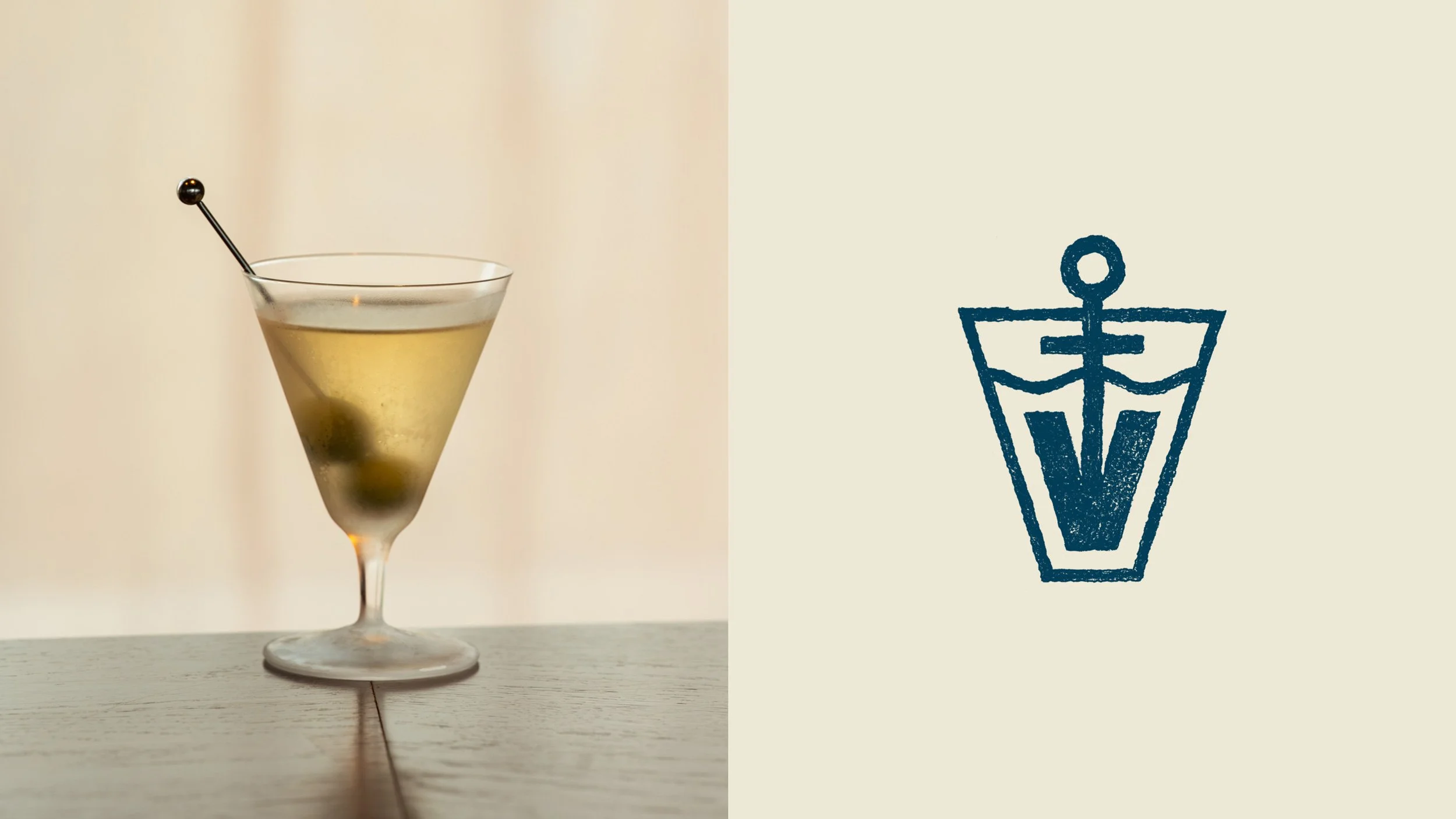 Mid-shot of a dirty martini with a silver cocktail pick and two olives on a wooden table (left) and a hand-drawn version of the Victory symbol in pencil (right).