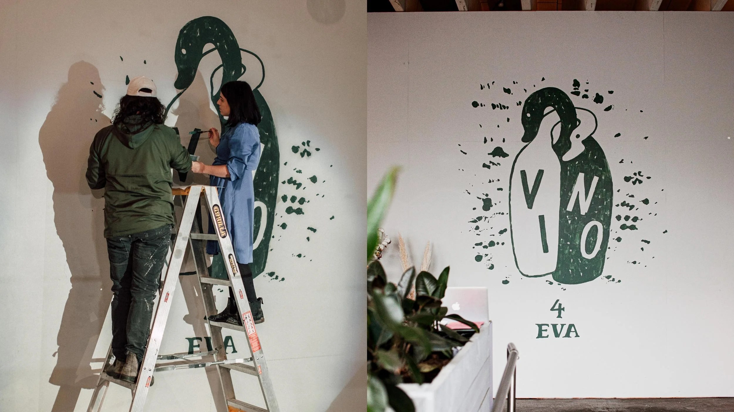 Cameron Lofthouse and Monica Placella standing on either side of a ladder painting the “Vino 4 Eva” mural on a white wall in dark green (left) and the finished “Vino 4 Eva” mural featuring two illustrated bottles with goose heads entwined.