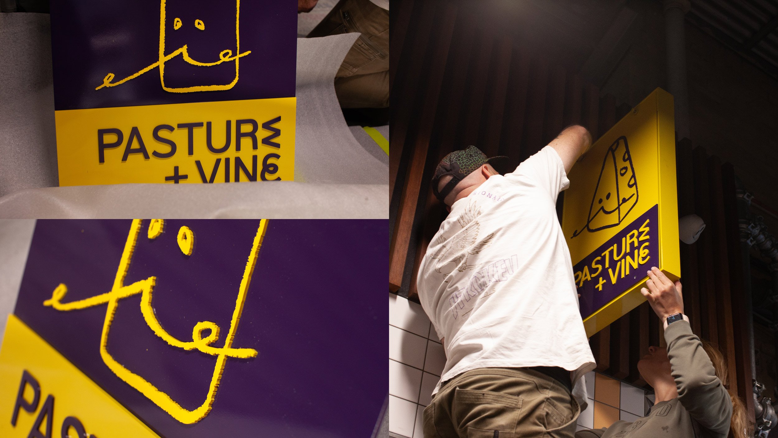 Installation photos of the Pasture and Vine sign: two left images show closeups of the acrylic sign, while the right image shows two people installing the sign onto a wooden wall.