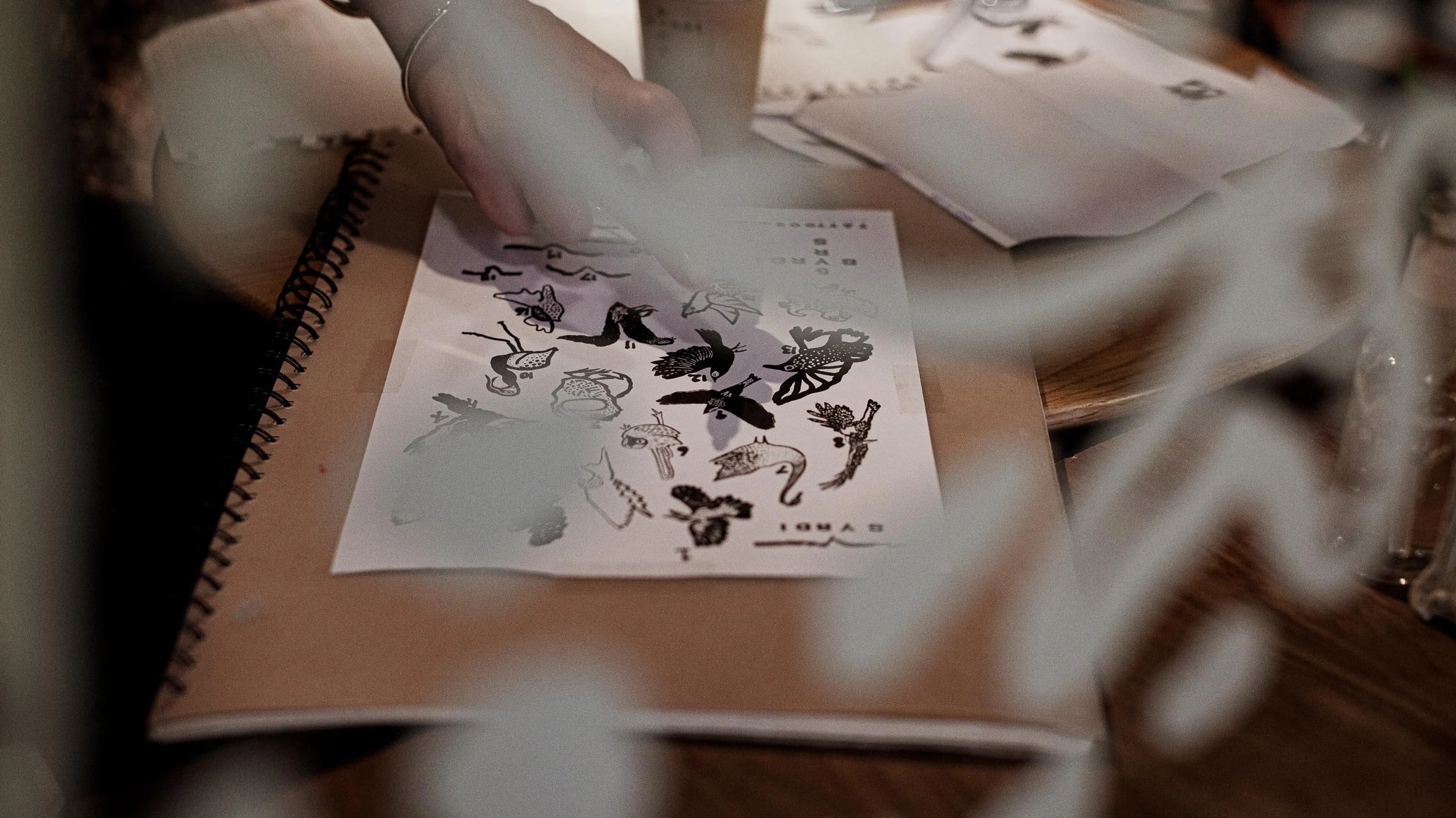Hand pointing to a Byrdi bird drawing on a tattoo flash sheet.