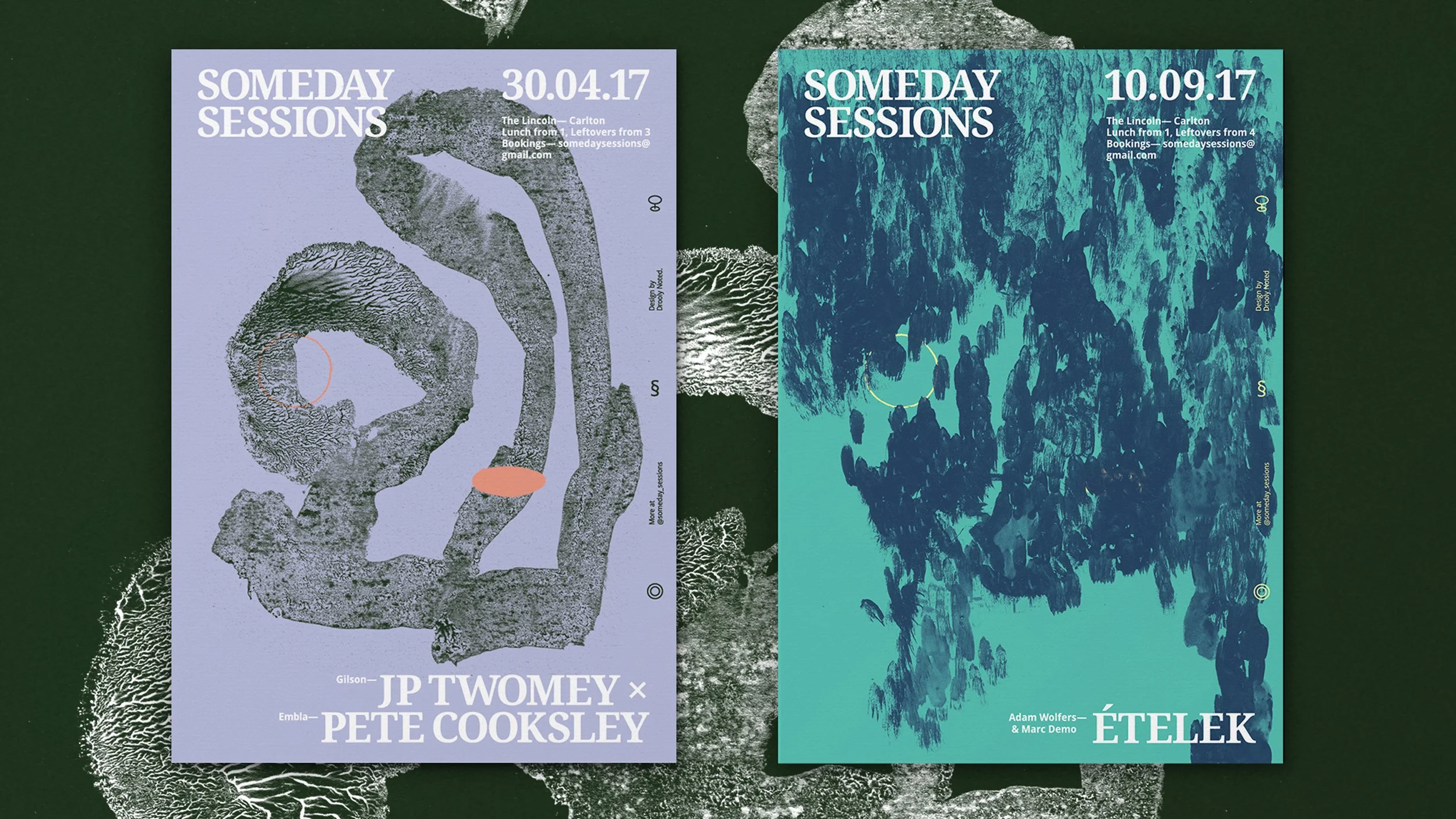 Two posters side by side for Someday Sesssions showing textural mark-making paired with serif typography including event details and chefs names.