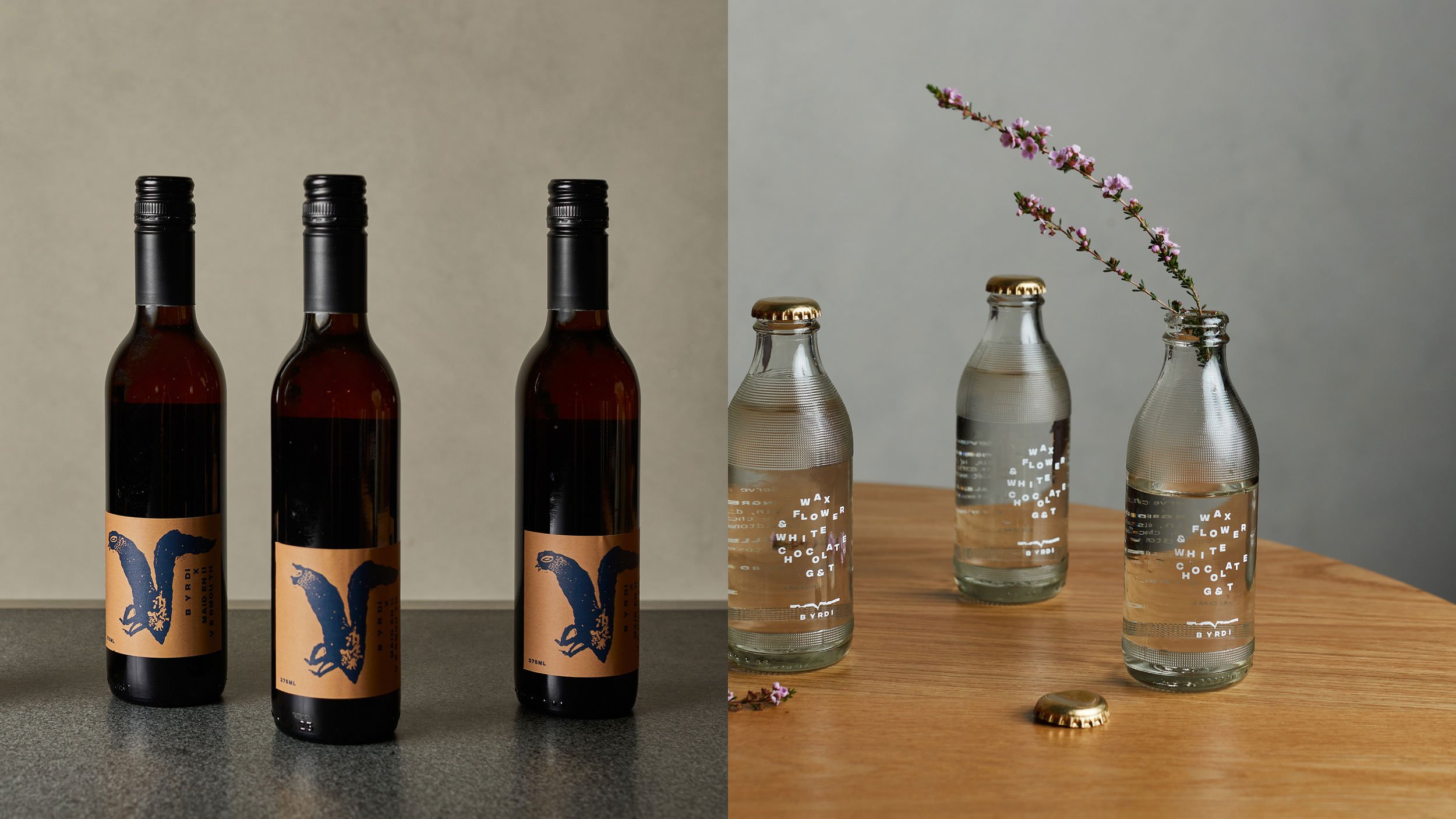 “V is for Vermouth” label design (left) and Byrdi highball label designs showing white type screen-printed directly onto the clear bottle.