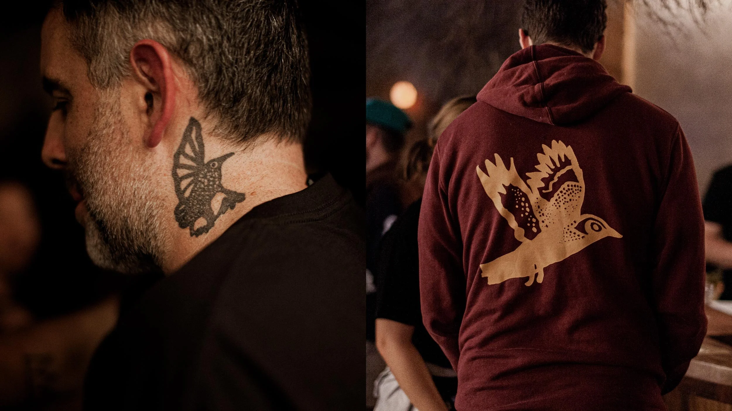 Illustrations of birds: left image shows a closeup of a bird tattooed onto a neck, while the right image shows a bird illustration on the back of a maroon hoodie.