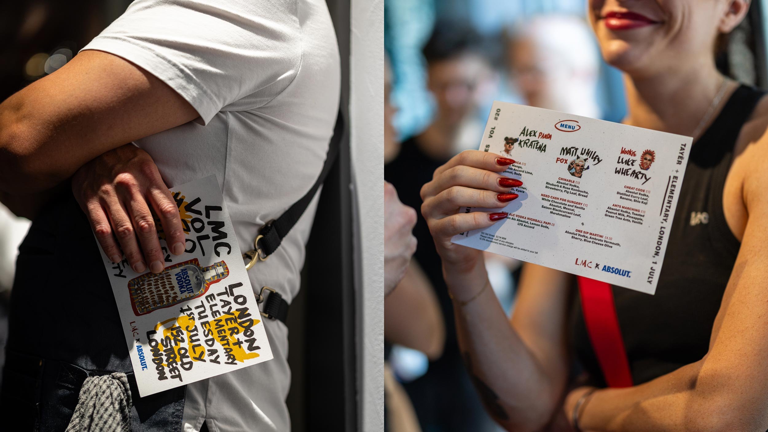 Two photos showing the menus for LMC Vol #20 in London being held by people.