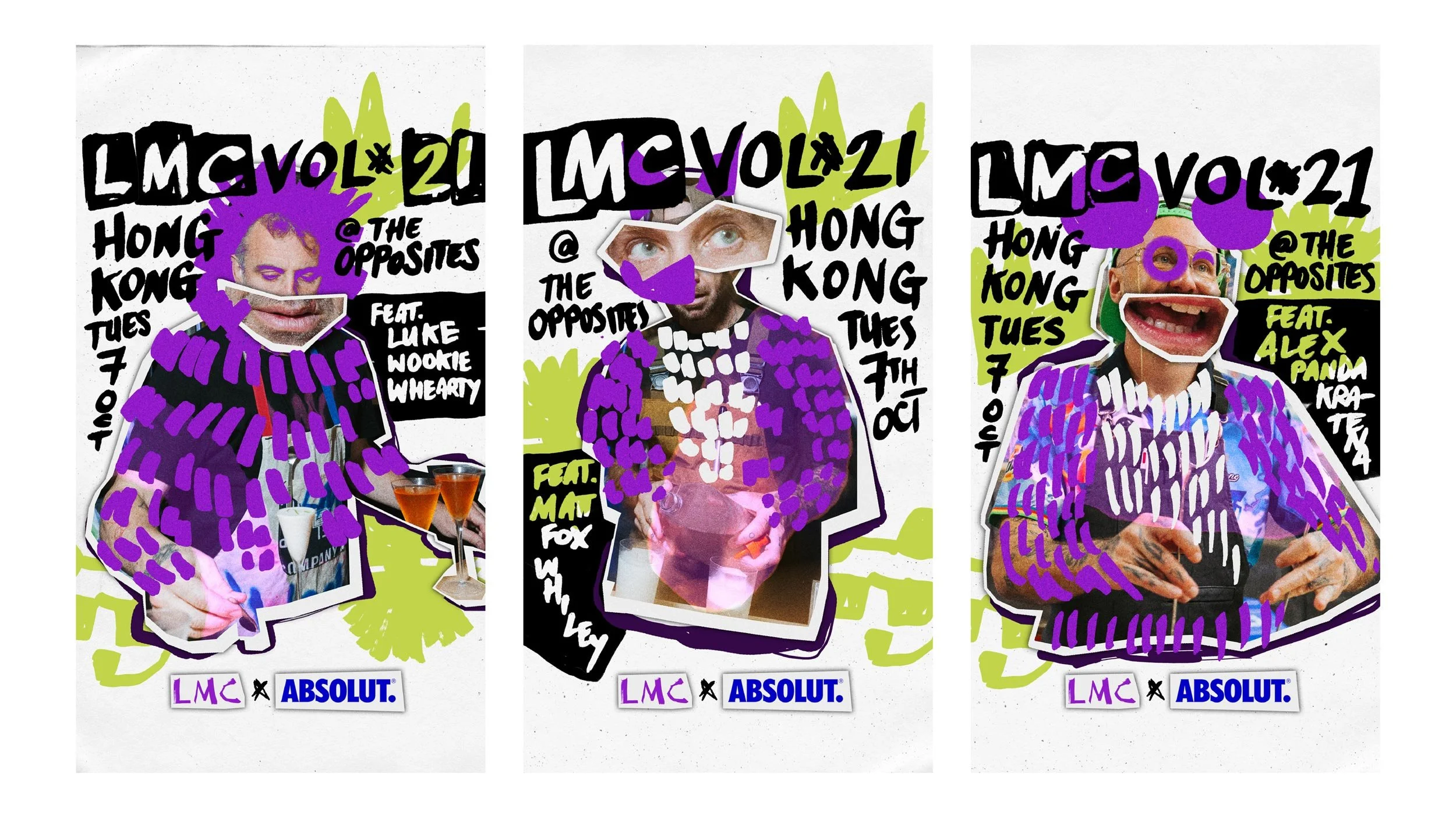 Three social posts side by side promoting LMC Vol #21 at The Opposites in Hong Kong featuring collage graphics of Luke Whearty, Matt Whiley and Alex Kratena surrounded by hand-drawn typography in a purple and neon green colour scheme.