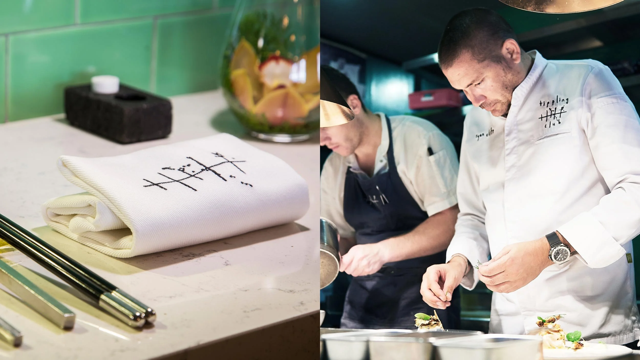 Black embroidered Tippling Club fishbone logo on a folded white napkin sits on a bar top (left) and Chef Ryan Clift plating up dishes in the Tippling Club kitchen. The Tippling Club logo is embroidered in black on his white chefs apron (right).