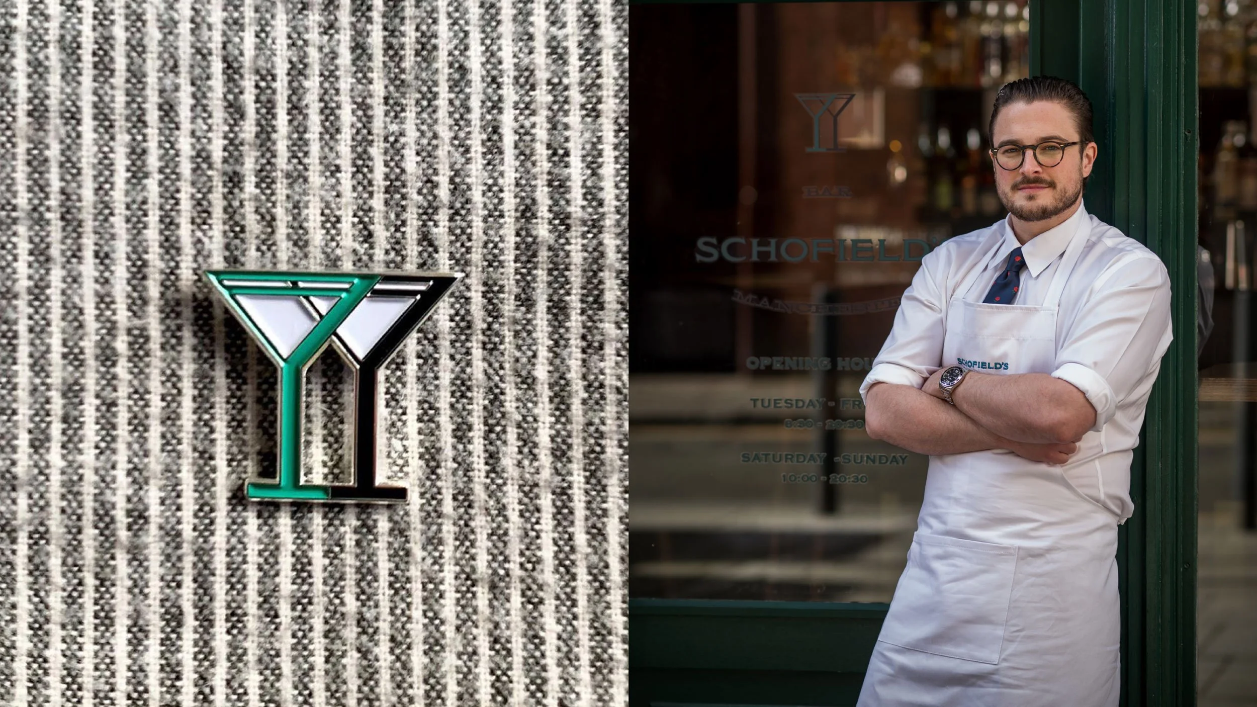 Schofield’s double martini enamel pin sits on a striped fabric (left) and Joe Schofield standing outside Schofield’s in Manchester, with logo and opening hours visible on the door (right).