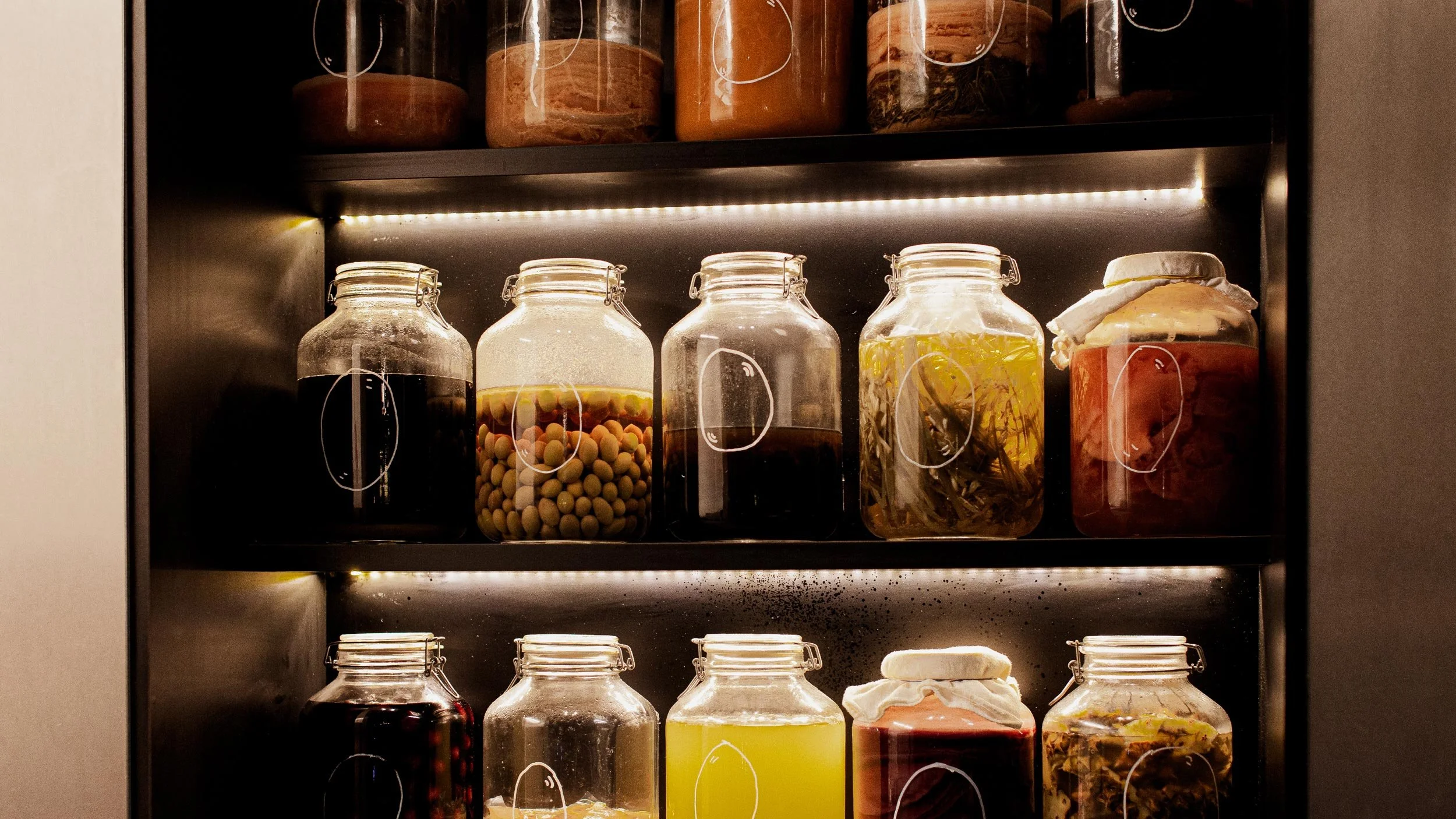 Illuminated shelving displaying glass jars full of various preserves aka the Byrdi incubation station. Each jar has a hand drawn outline of an egg in white.