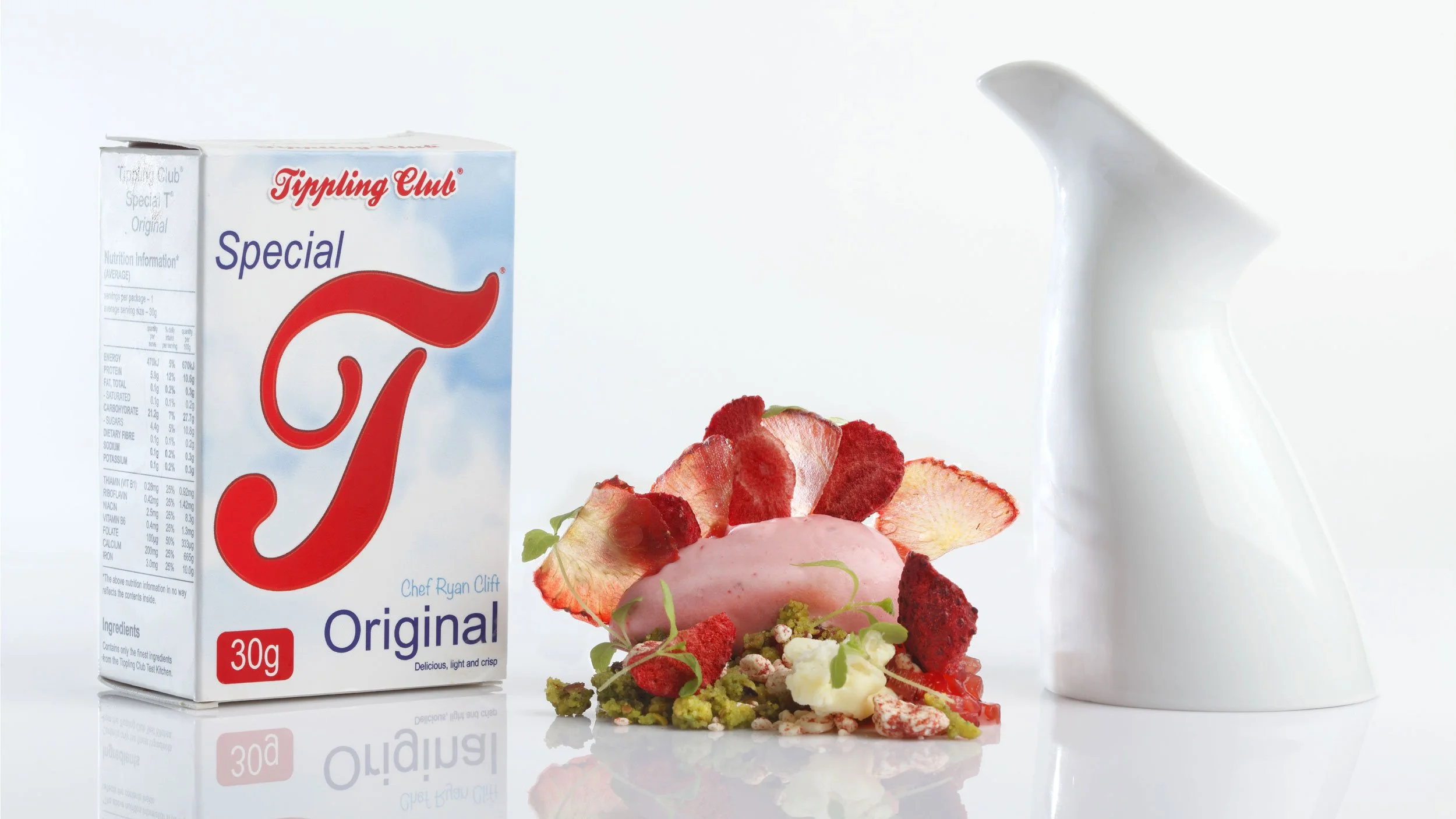 Packaging design for a Tippling Club dessert to look like a cereal box complete with “Tippling Club Special T Original printed in red and blue.