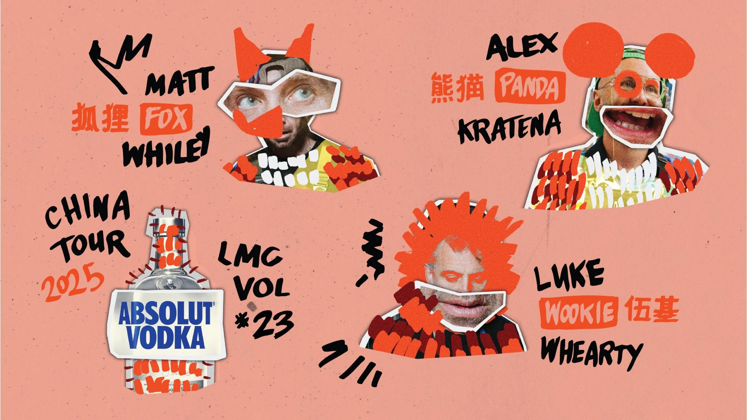 Graphics promoting Absolut LMC Vol #23 at Obsidian bar in Shenzhen, China featuring collaged portraits of Matt Whiley, Alex Kratena and Luke Whearty as well as a bottle of Absolut Vodka in an orange and black colour scheme.