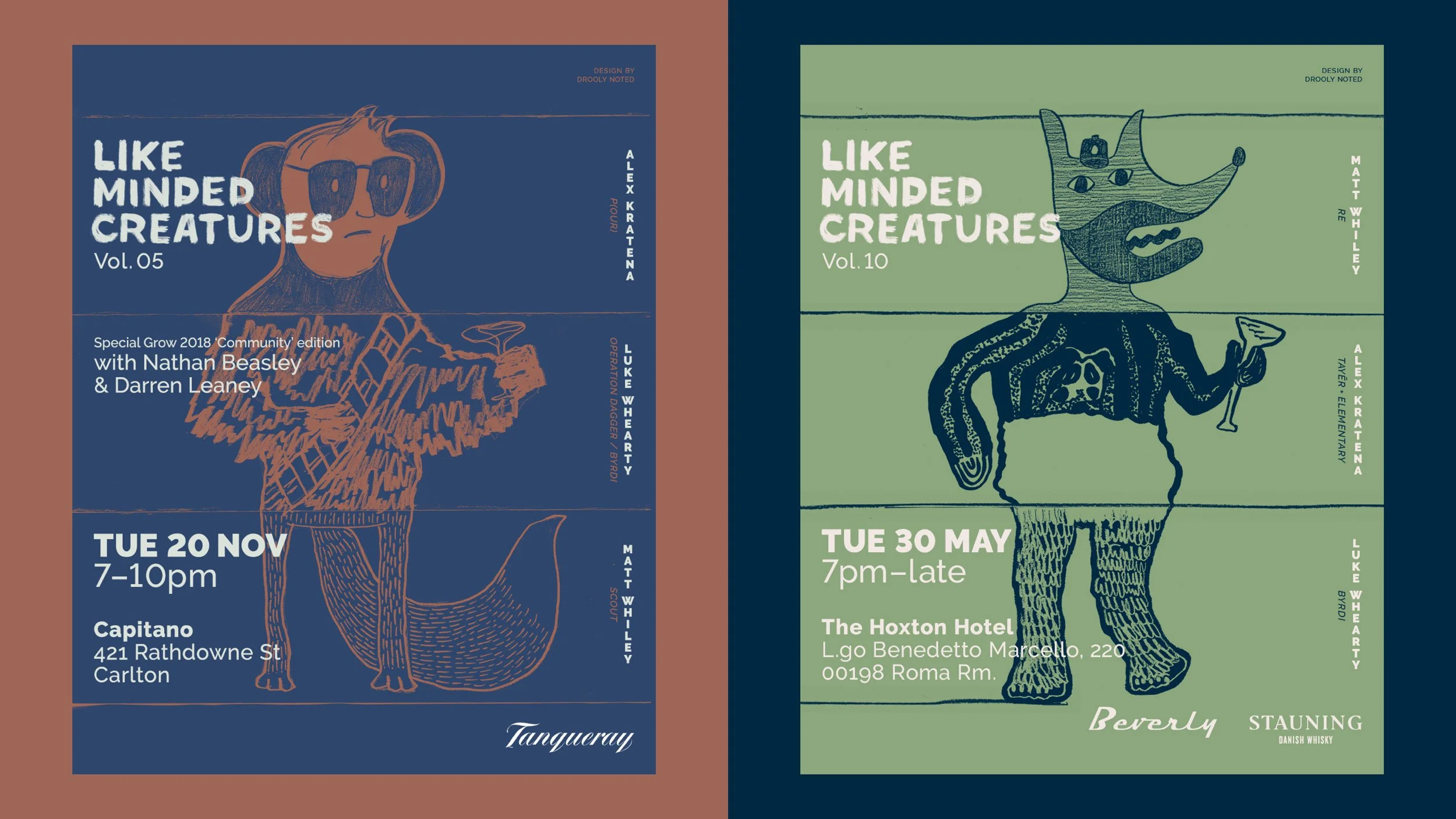 Two social posters to promote Like Minded Creatures Vol. 05 and Vol. 10 each featuring an exquisite corpse illustration made up of a panda, a fox and a wookie.