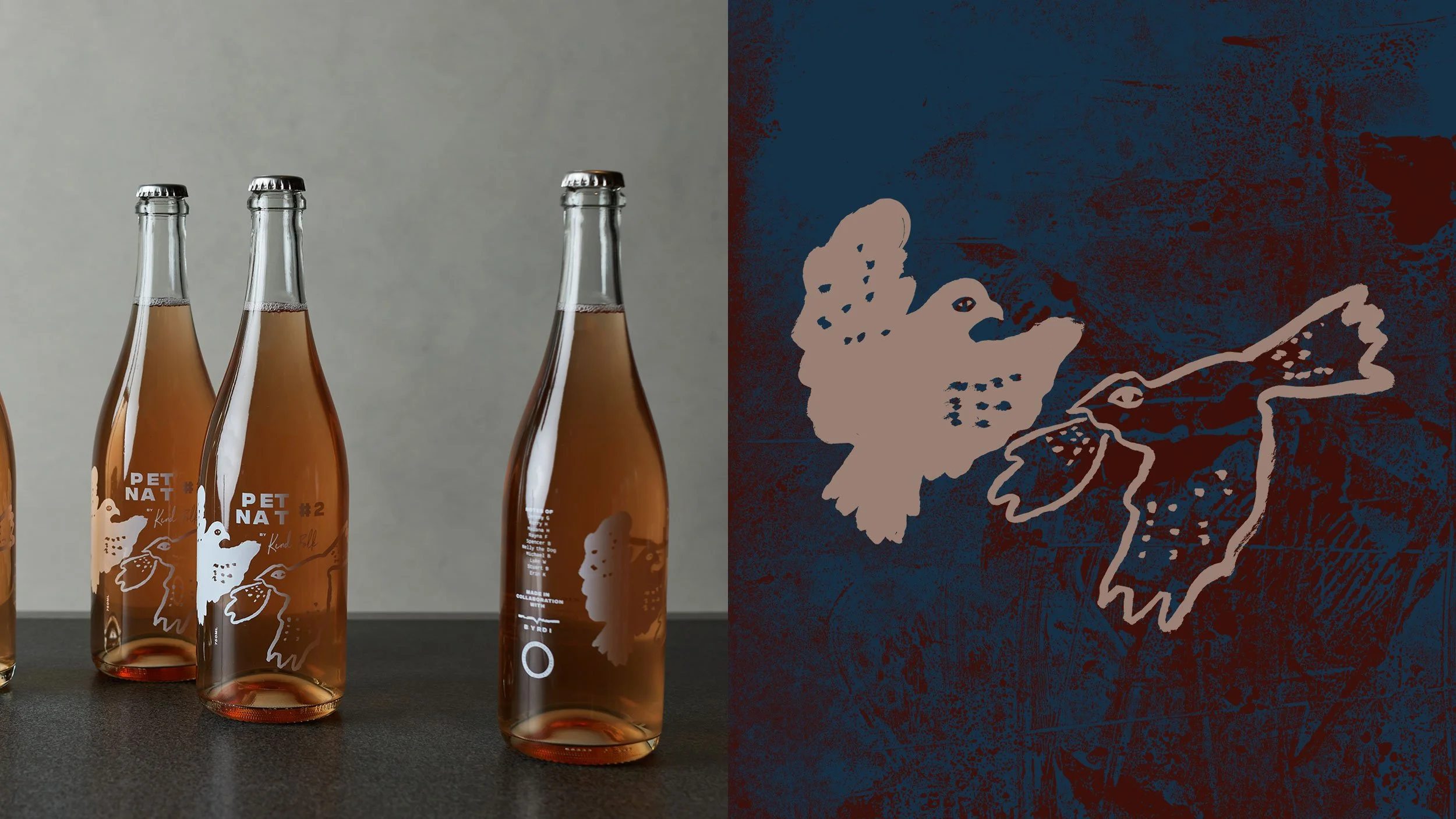 Three bottles of Byrdi x Kind Folk Pet Nat #2 sitting on a grey surface (left) and illustration of two New Holland Honeyeaters in grey on a blue and red textured background as featured on the label design (right).
